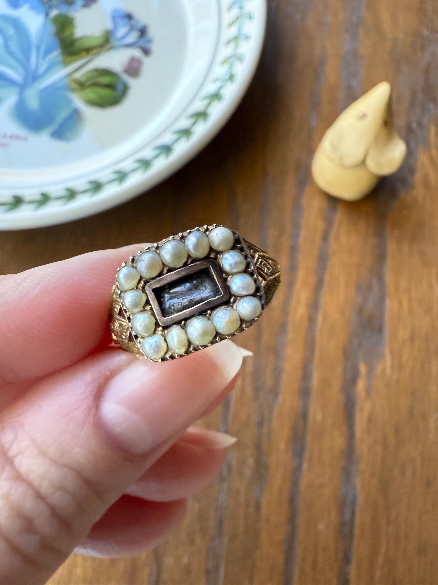 Pearl HALO Locket Ring Georgian Era Dated 1811 Engraved 10k Gold Sentimental Jewelry Gift Stacker