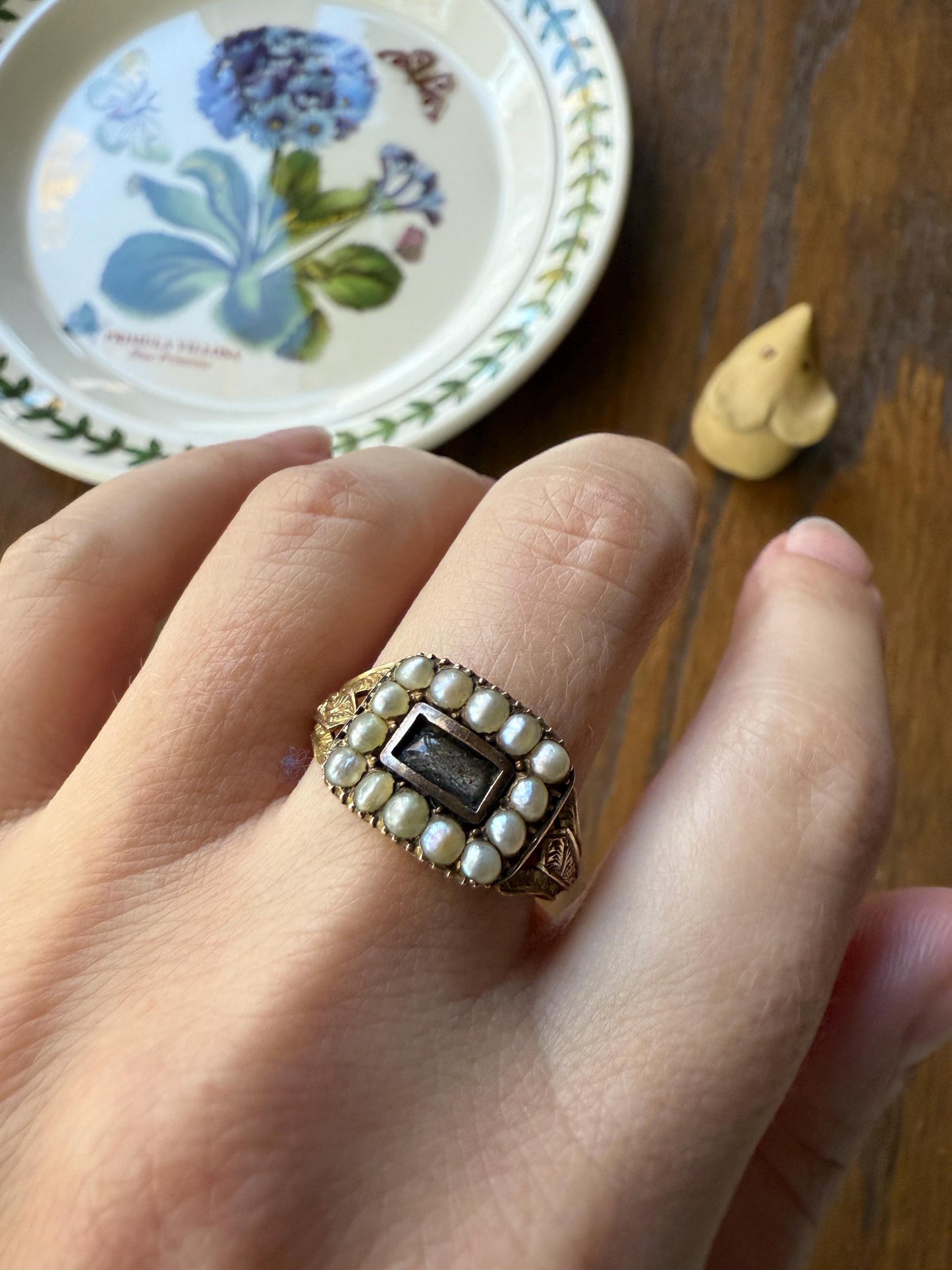 Pearl HALO Locket Ring Georgian Era Dated 1811 Engraved 10k Gold Sentimental Jewelry Gift Stacker