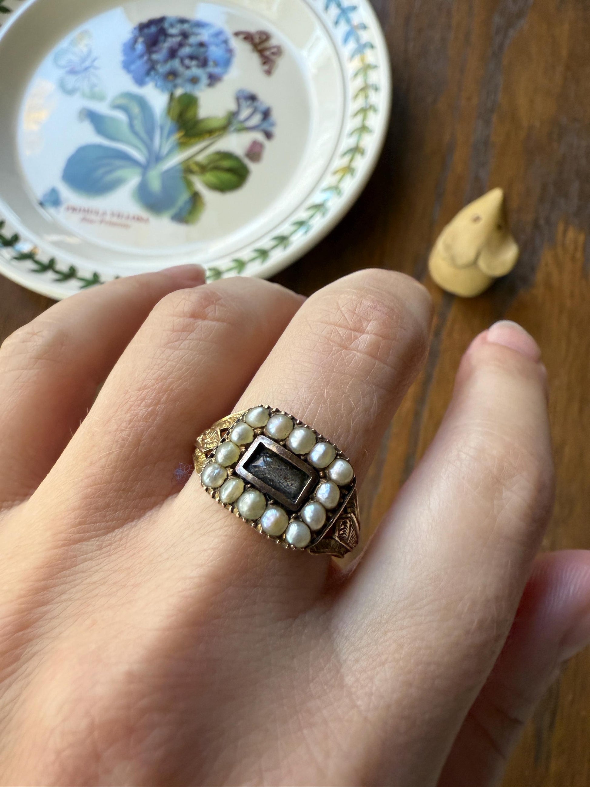 Pearl HALO Locket Ring Georgian Era Dated 1811 Engraved 10k Gold Sentimental Jewelry Gift Stacker