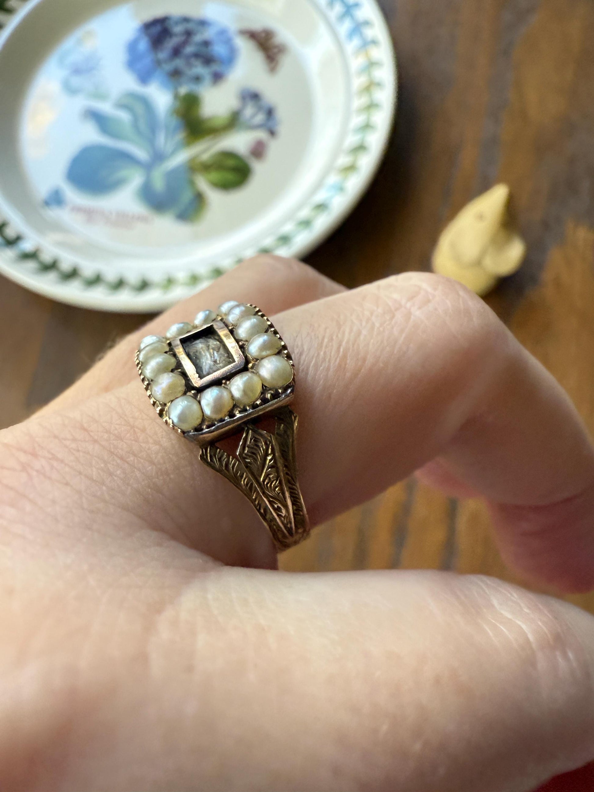 Pearl HALO Locket Ring Georgian Era Dated 1811 Engraved 10k Gold Sentimental Jewelry Gift Stacker