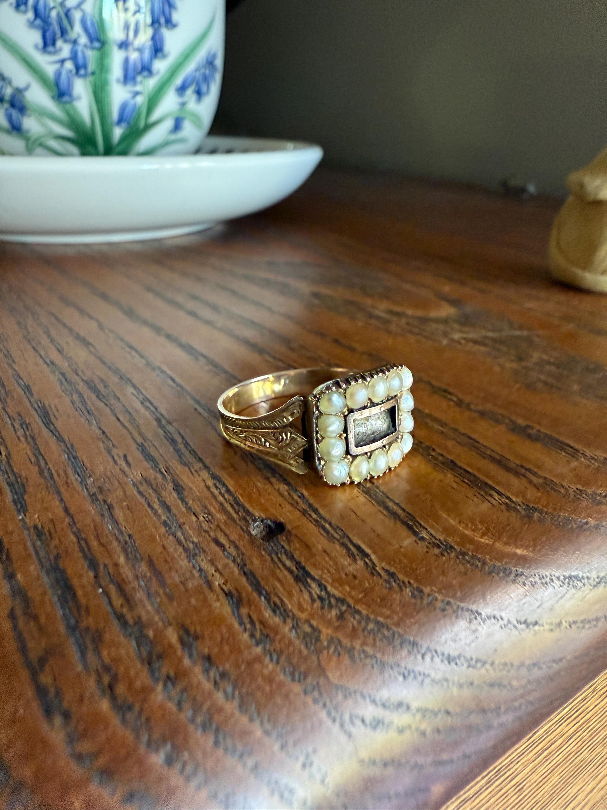 Pearl HALO Locket Ring Georgian Era Dated 1811 Engraved 10k Gold Sentimental Jewelry Gift Stacker