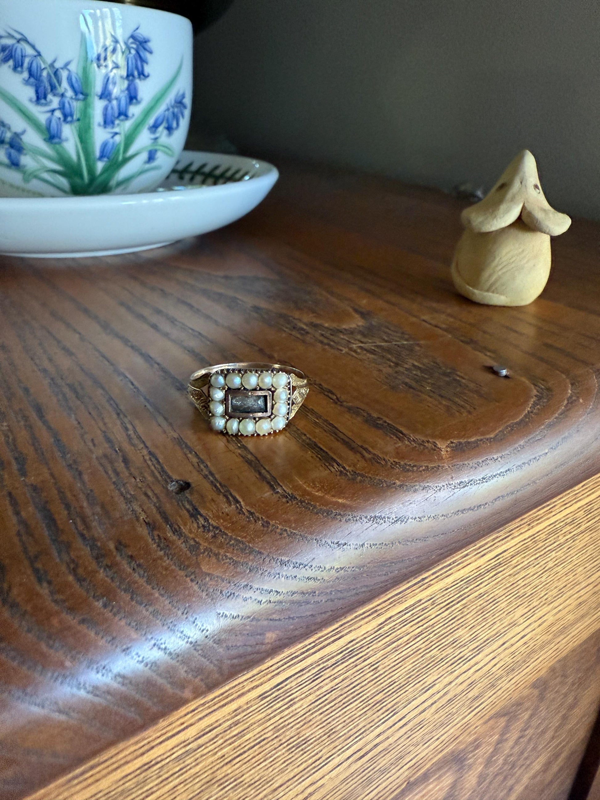 Pearl HALO Locket Ring Georgian Era Dated 1811 Engraved 10k Gold Sentimental Jewelry Gift Stacker