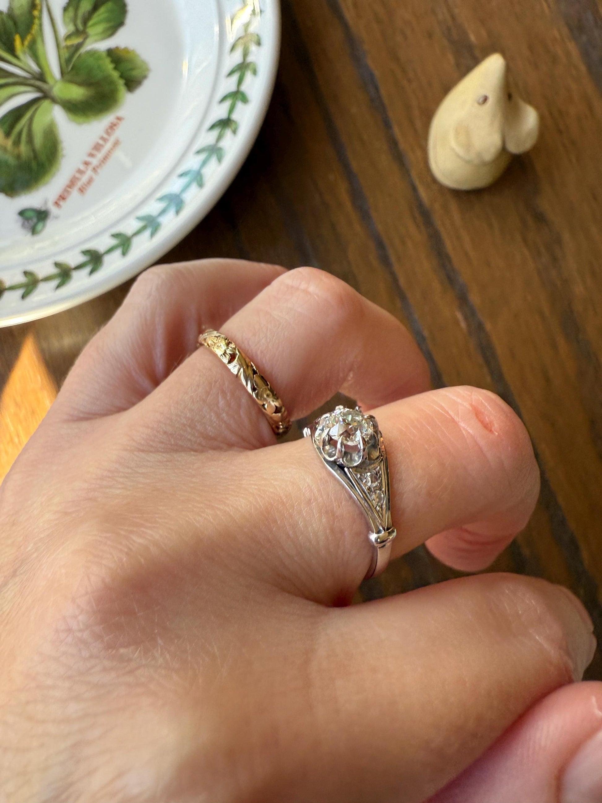 Antique Art Deco .68 Carat Old Mine Cut DIAMOND Solitaire w/ Accents Engagement Ring 18k White Gold Platinum Unique Stacker Romantic Gift