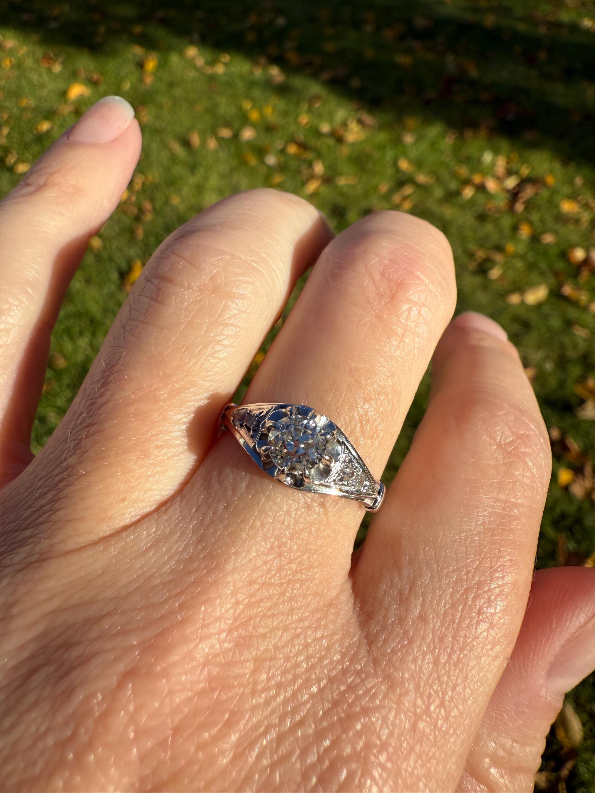 Antique Art Deco .68 Carat Old Mine Cut DIAMOND Solitaire w/ Accents Engagement Ring 18k White Gold Platinum Unique Stacker Romantic Gift