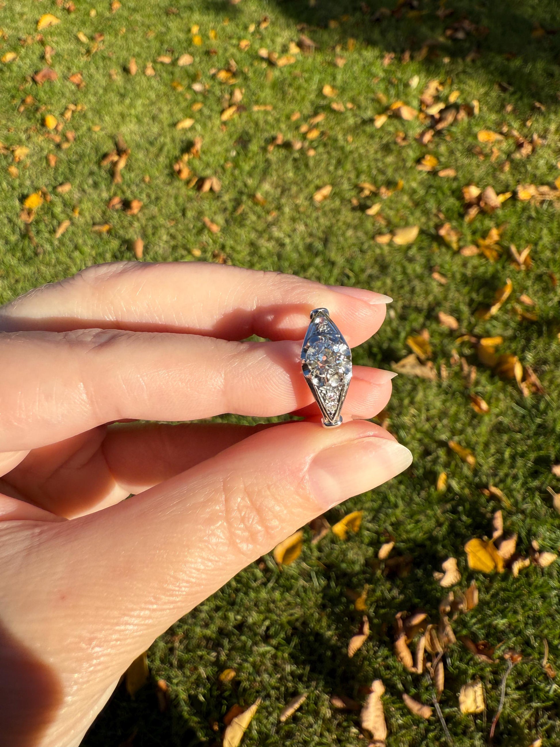 Antique Art Deco .68 Carat Old Mine Cut DIAMOND Solitaire w/ Accents Engagement Ring 18k White Gold Platinum Unique Stacker Romantic Gift