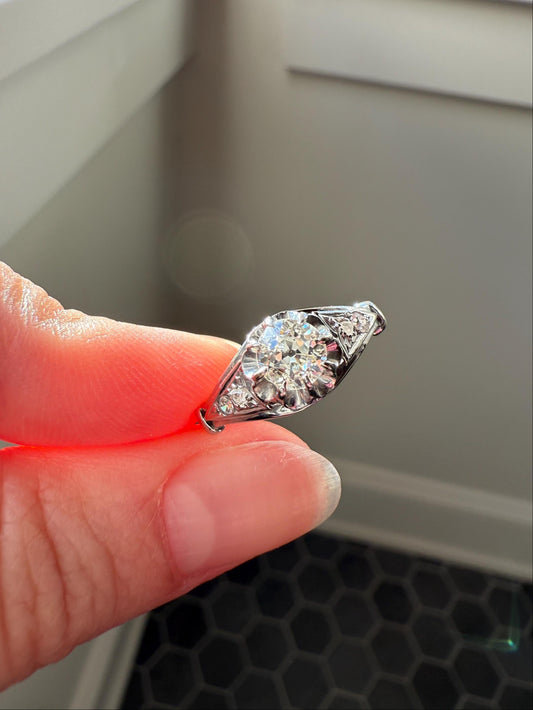 Antique Art Deco .68 Carat Old Mine Cut DIAMOND Solitaire w/ Accents Engagement Ring 18k White Gold Platinum Unique Stacker Romantic Gift