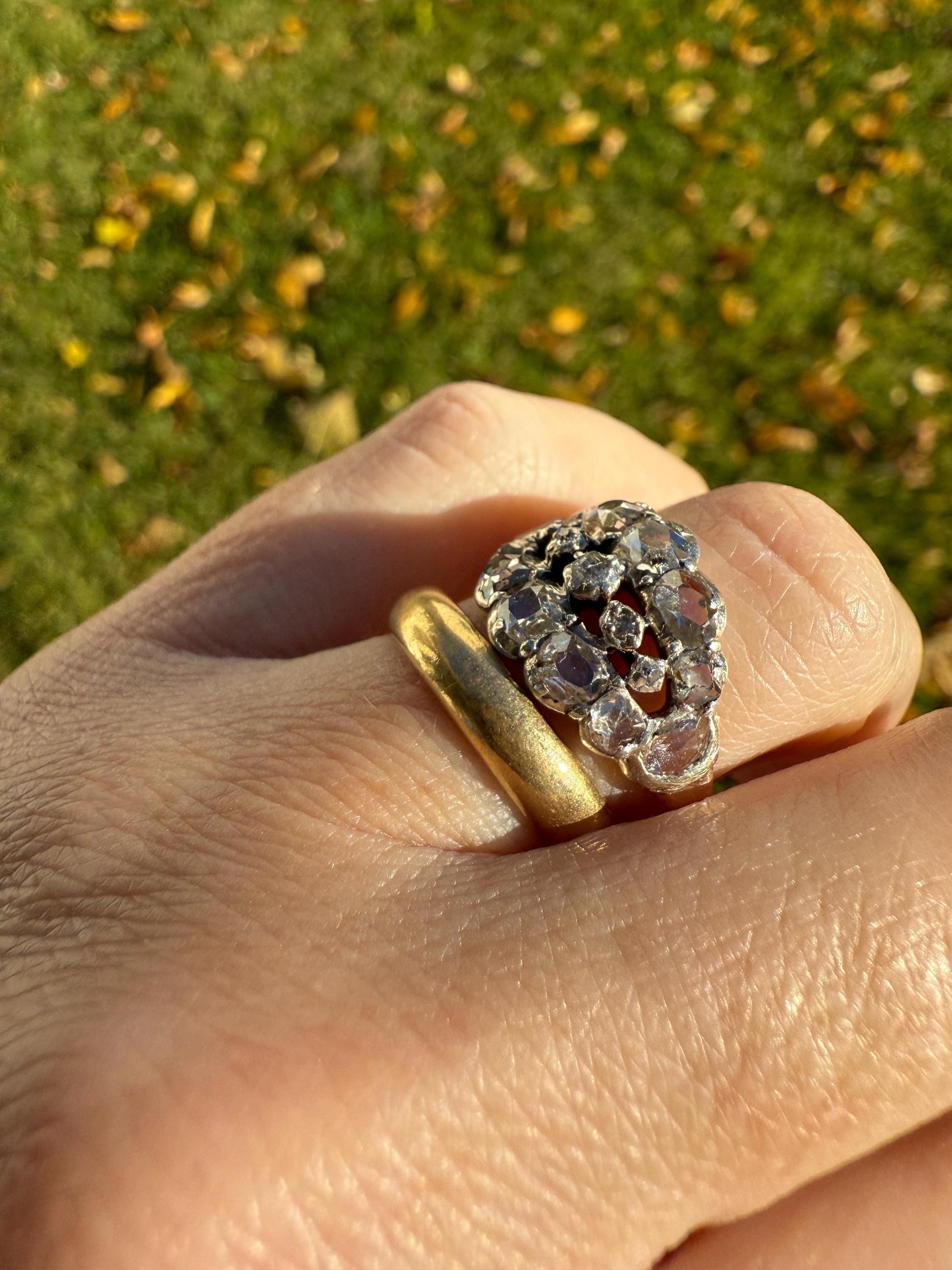 UNIQUE Mixed Old Cut DIAMOND Georgian Era Triple Row Ring Rose Table Old Mine Cut Combo 14k Gold Silver Open Back Stacker Ooak Gift