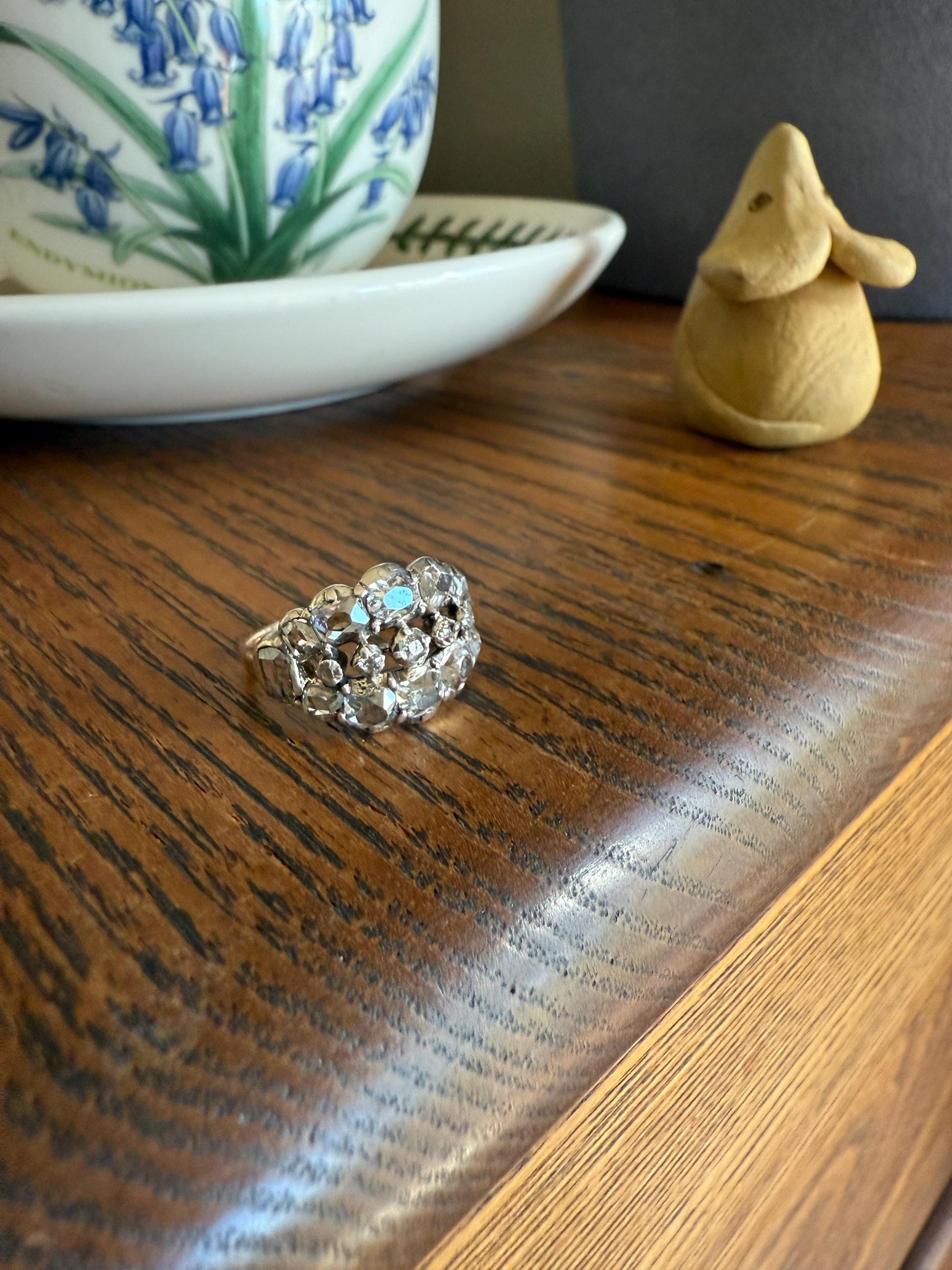 UNIQUE Mixed Old Cut DIAMOND Georgian Era Triple Row Ring Rose Table Old Mine Cut Combo 14k Gold Silver Open Back Stacker Ooak Gift