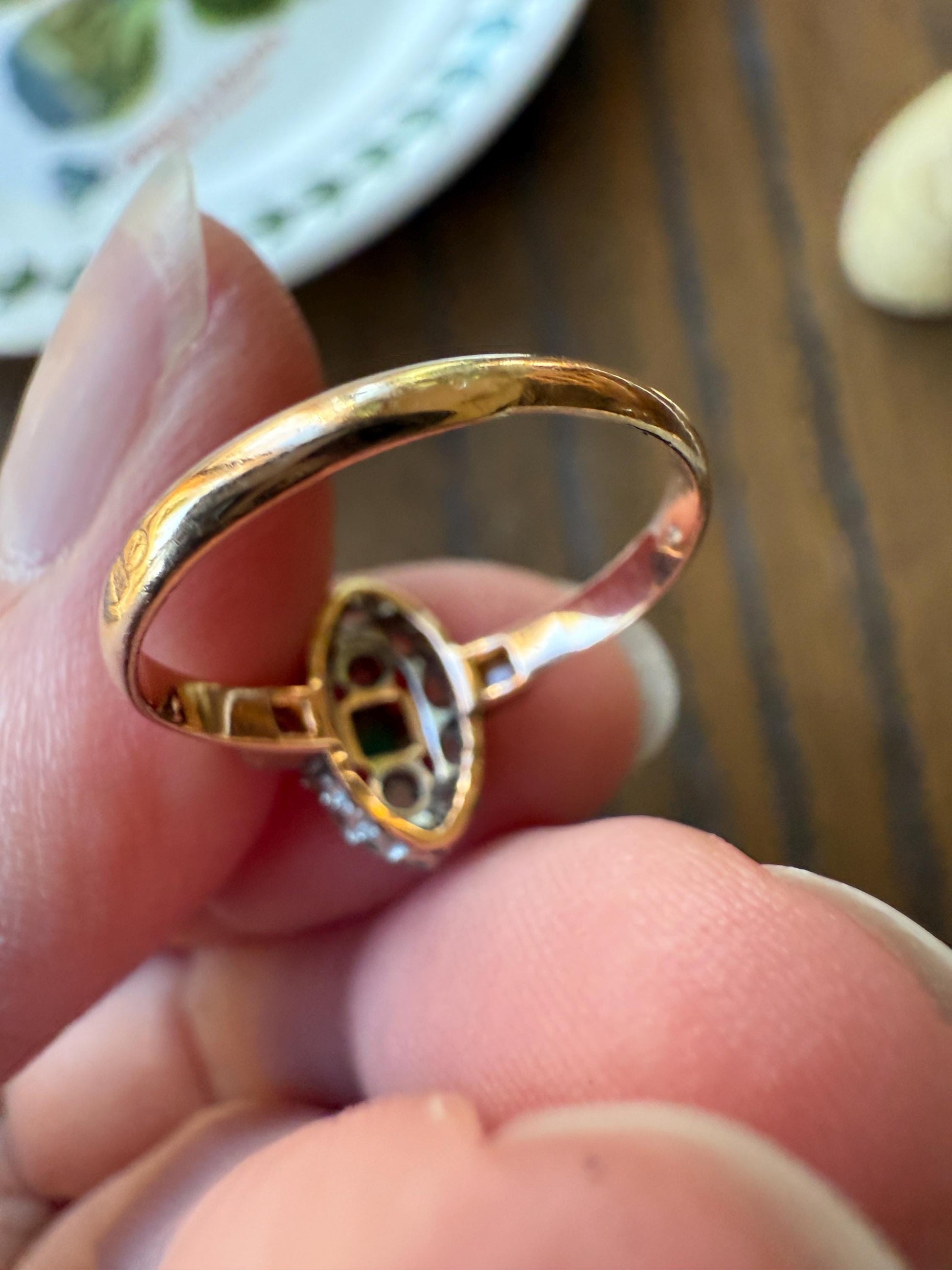 Antique Emerald Rose Cut DIAMOND 18k Gold PLATINUM French Petite Navette Ring Victorian Green Dainty