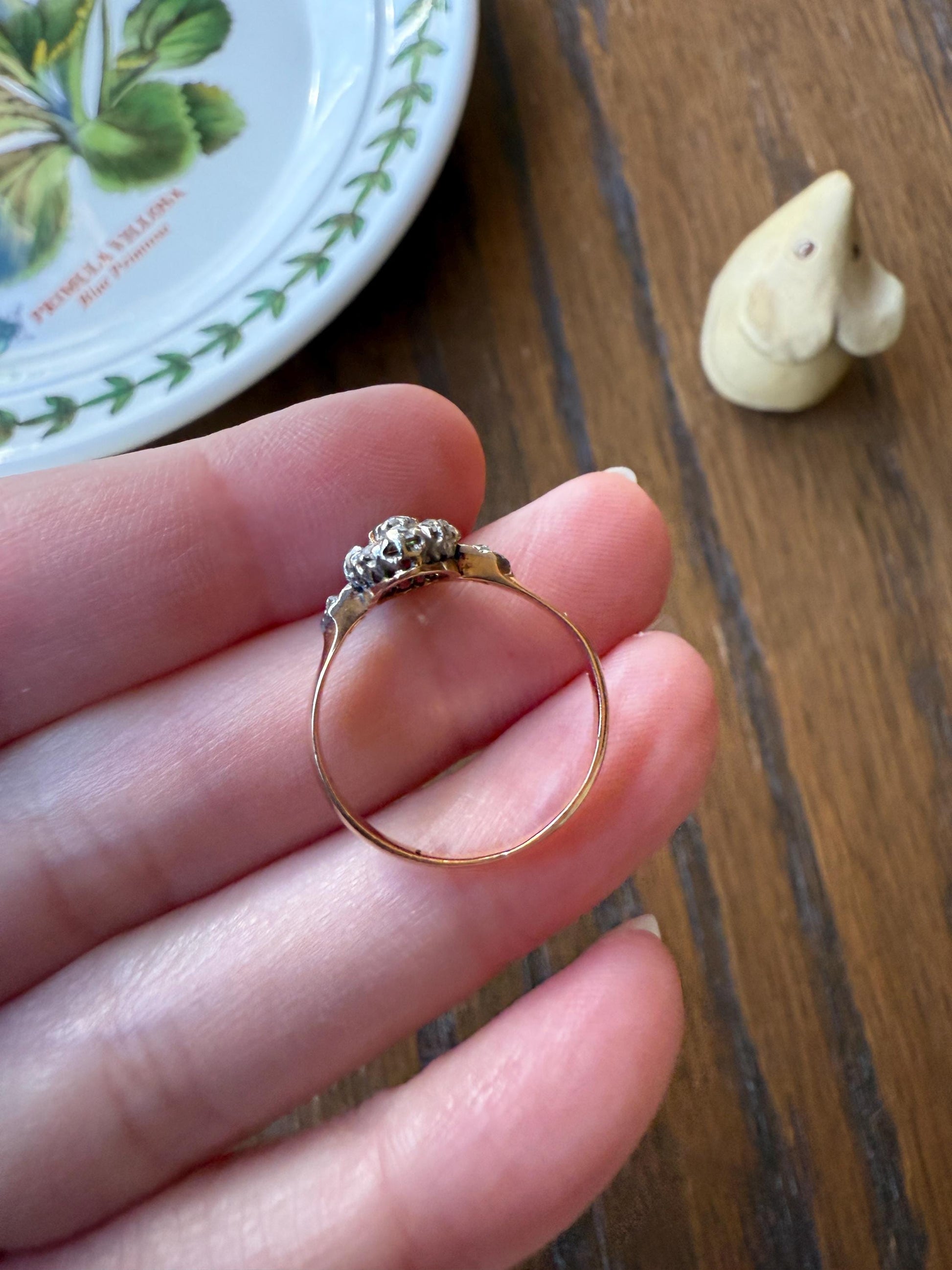 Antique Emerald Rose Cut DIAMOND 18k Gold PLATINUM French Petite Navette Ring Victorian Green Dainty