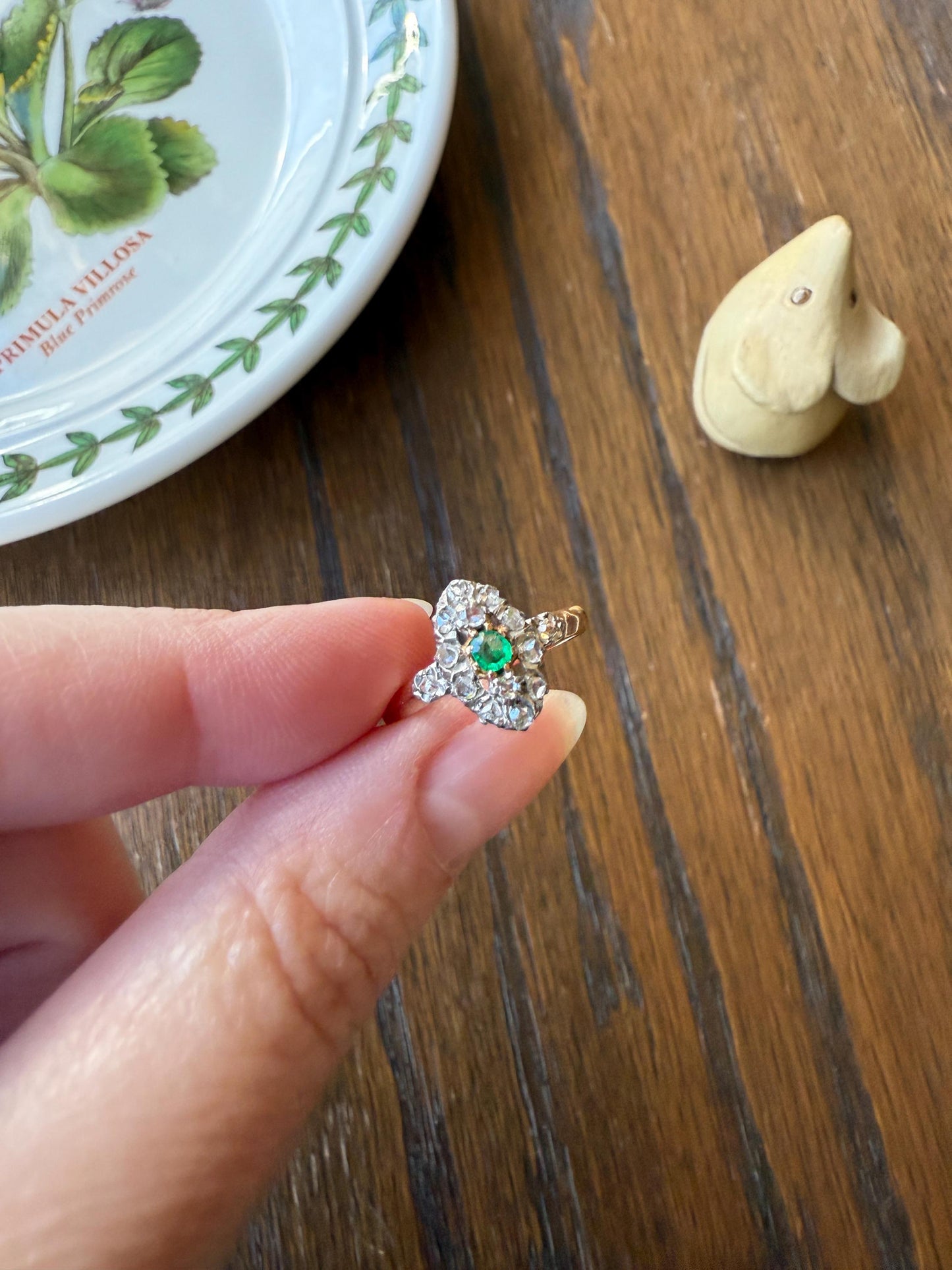 Antique Emerald Rose Cut DIAMOND 18k Gold PLATINUM French Petite Navette Ring Victorian Green Dainty