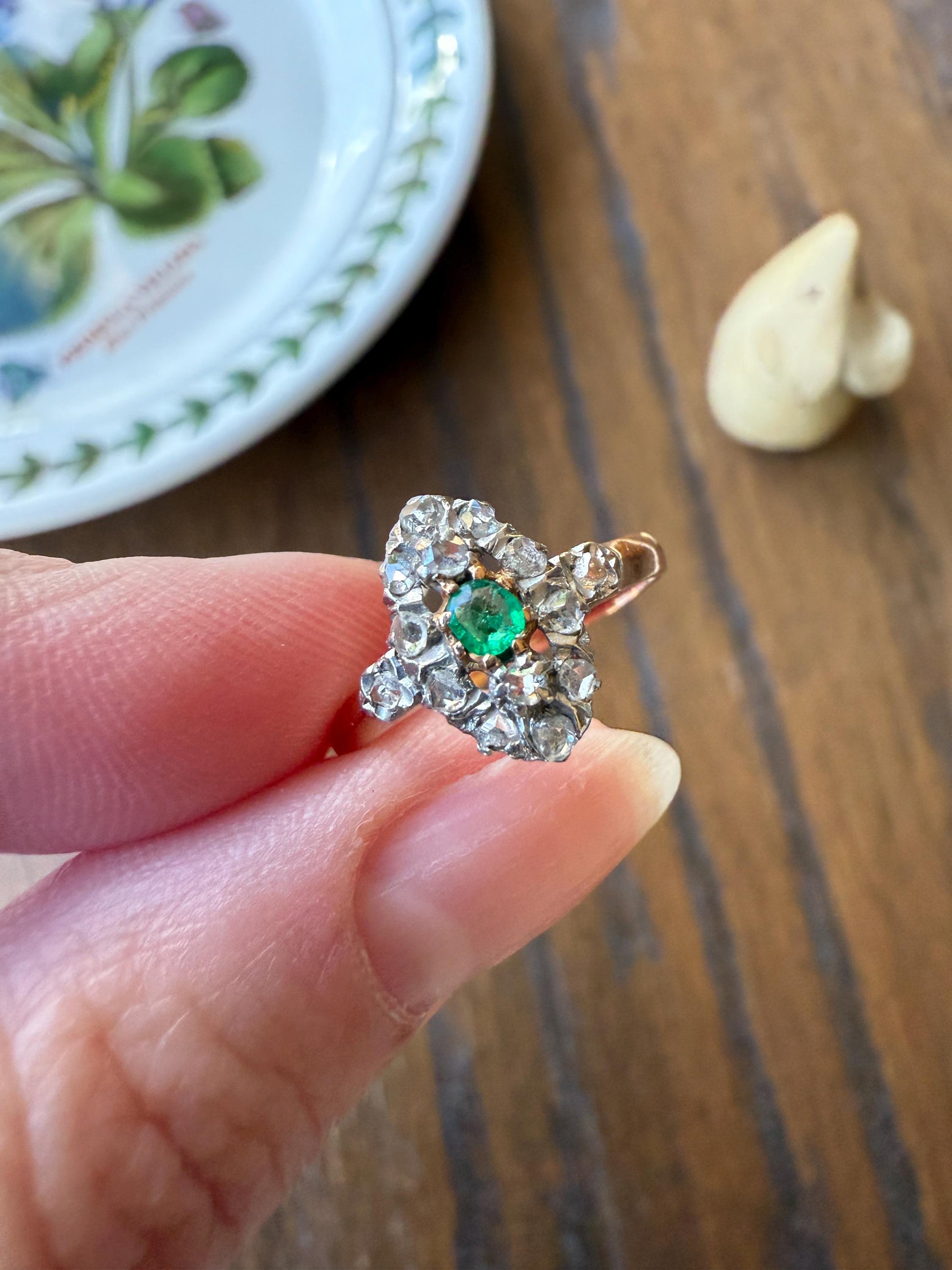 Antique Emerald Rose Cut DIAMOND 18k Gold PLATINUM French Petite Navette Ring Victorian Green Dainty