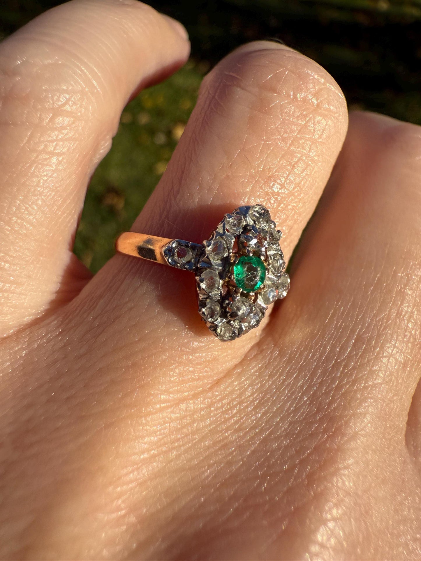 Antique Emerald Rose Cut DIAMOND 18k Gold PLATINUM French Petite Navette Ring Victorian Green Dainty