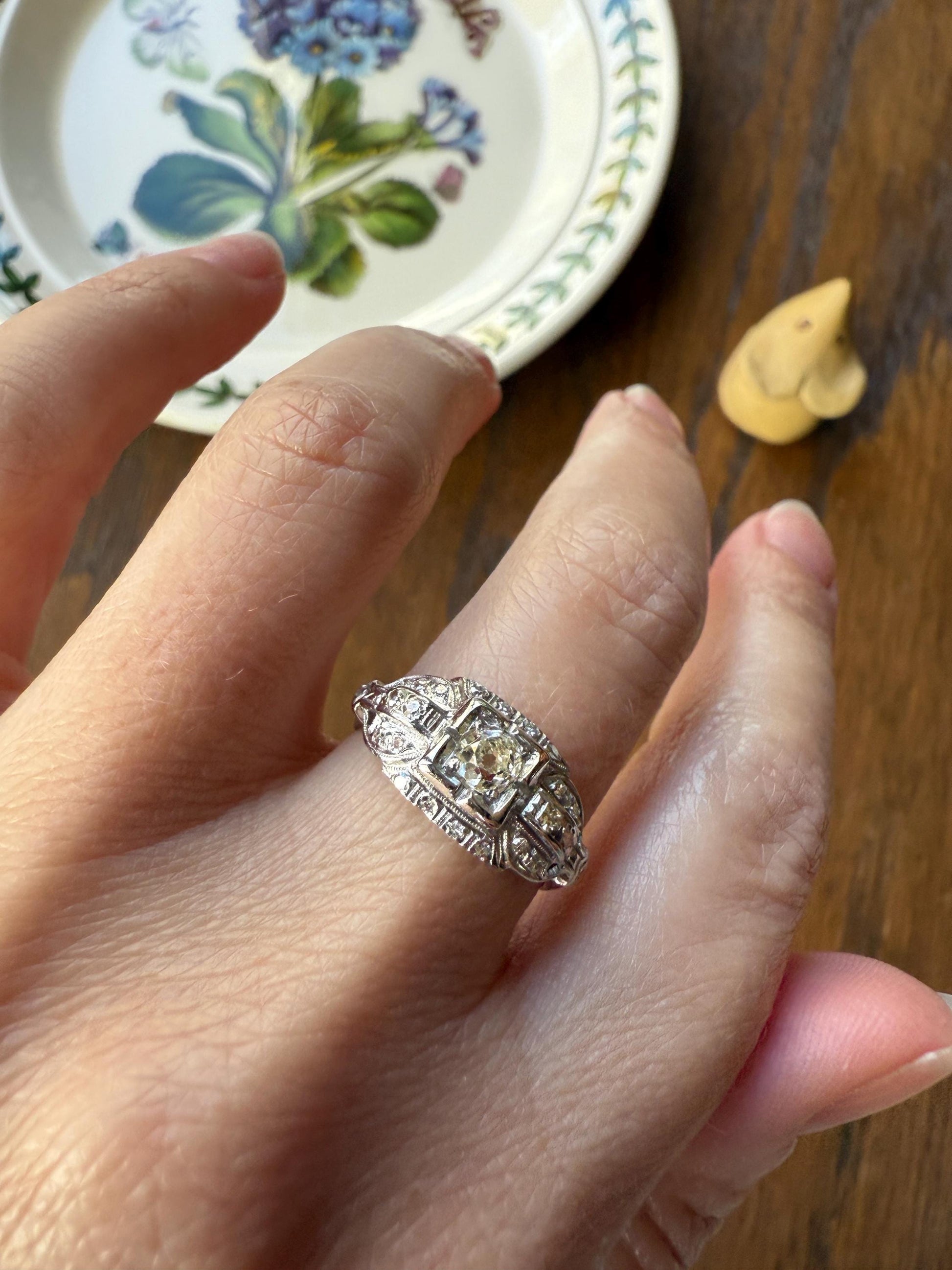 Chunky Old Mine Cut DIAMOND Single Cut Accents Platinum East West Antique Art Deco Stacker Ring