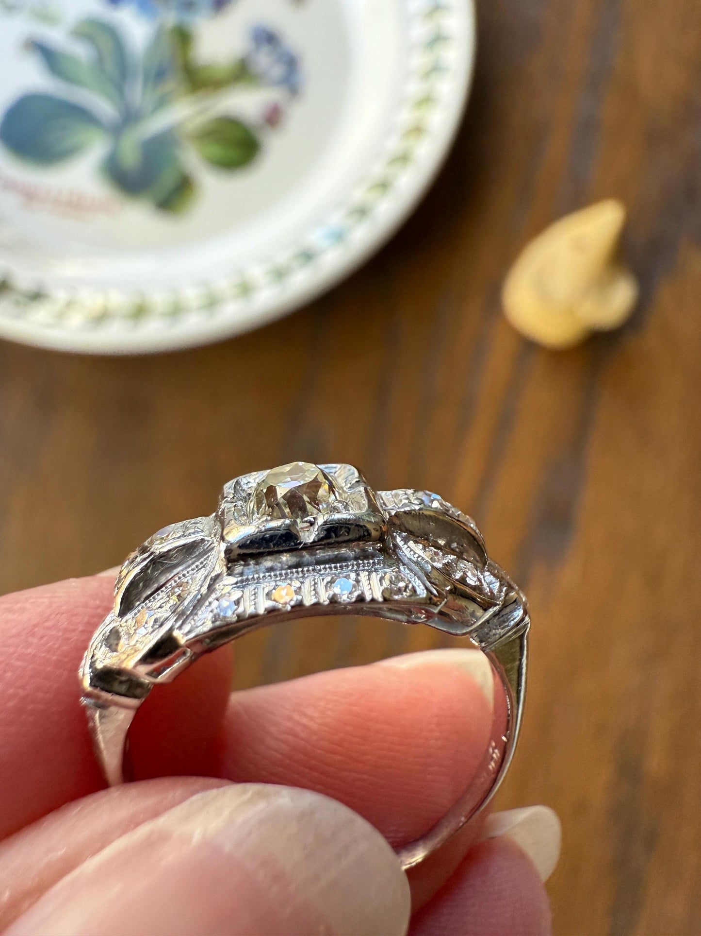 Chunky Old Mine Cut DIAMOND Single Cut Accents Platinum East West Antique Art Deco Stacker Ring