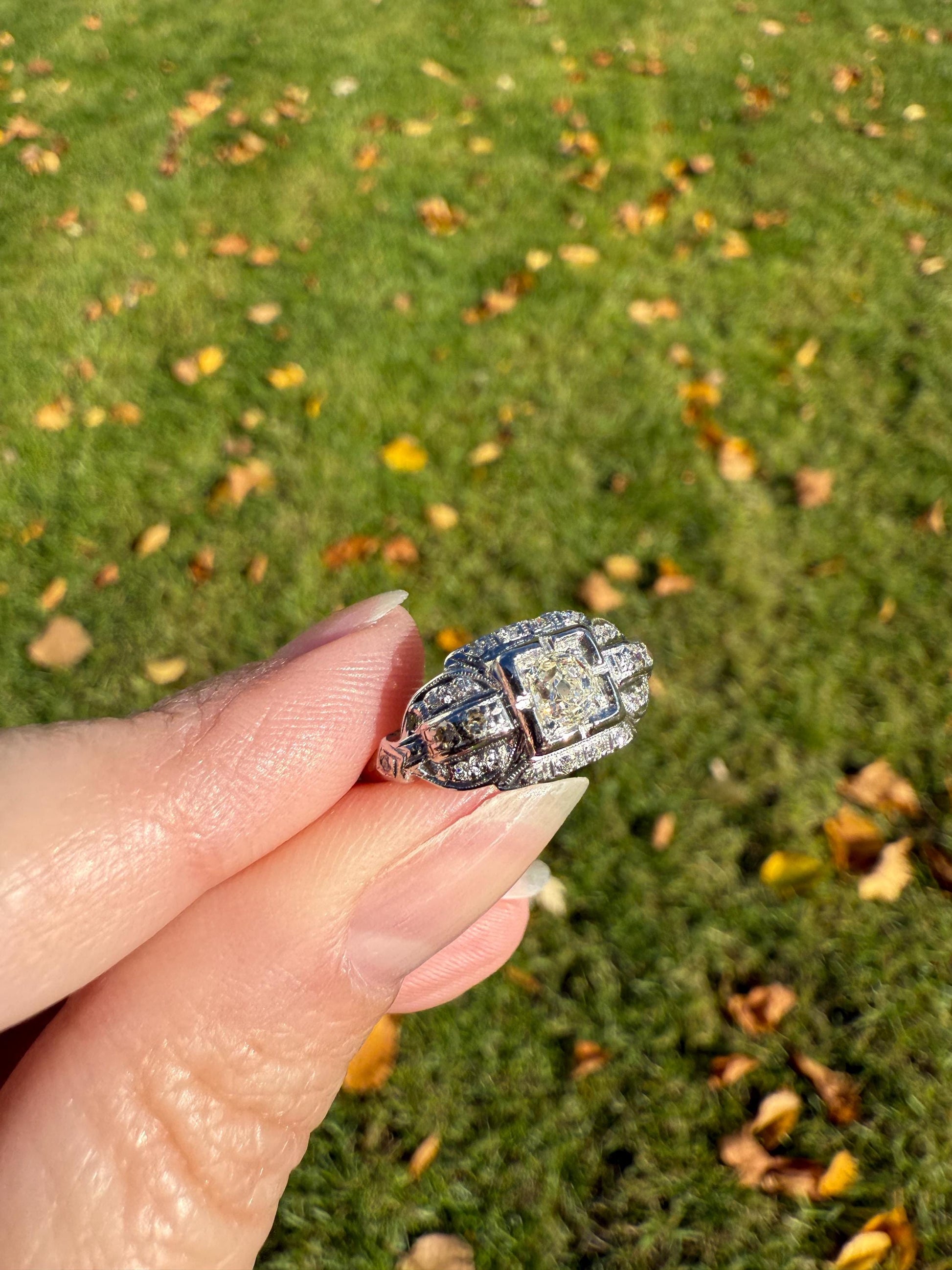 Chunky Old Mine Cut DIAMOND Single Cut Accents Platinum East West Antique Art Deco Stacker Ring