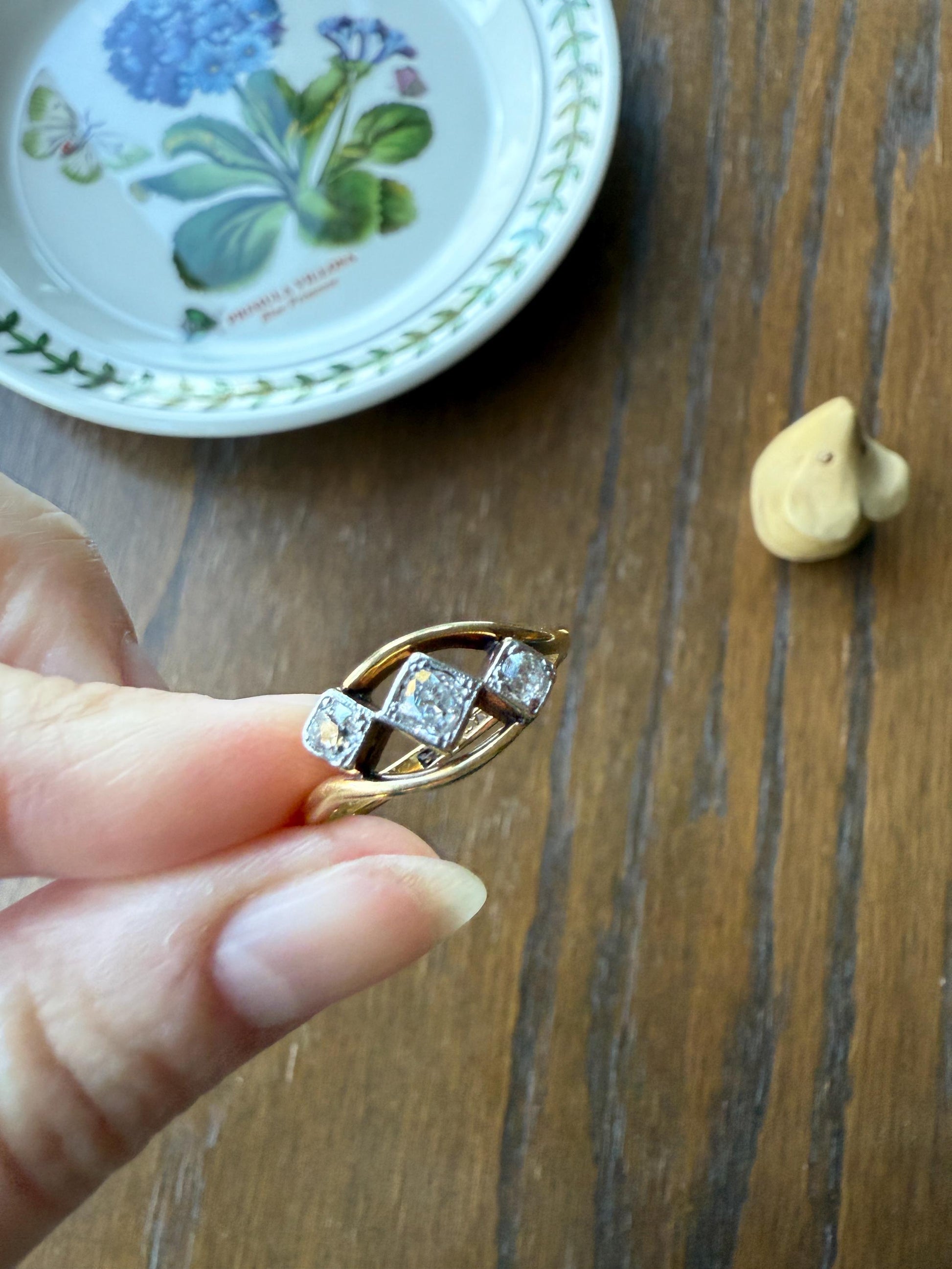 Antique Crossover Band Old Mine Cut Angled Bypass Three Stone Ring 18k Gold Platinum Stacker