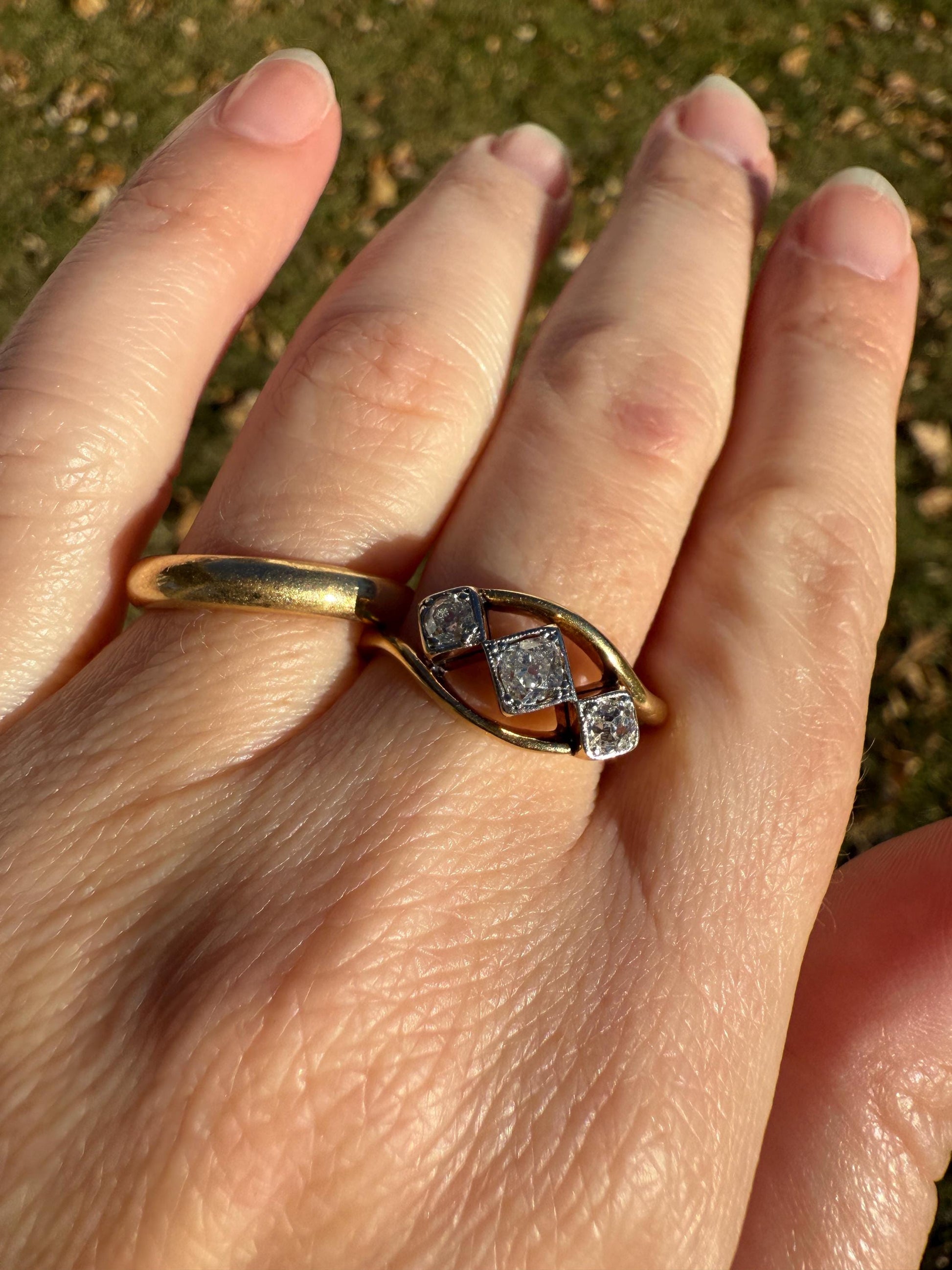 Antique Crossover Band Old Mine Cut Angled Bypass Three Stone Ring 18k Gold Platinum Stacker