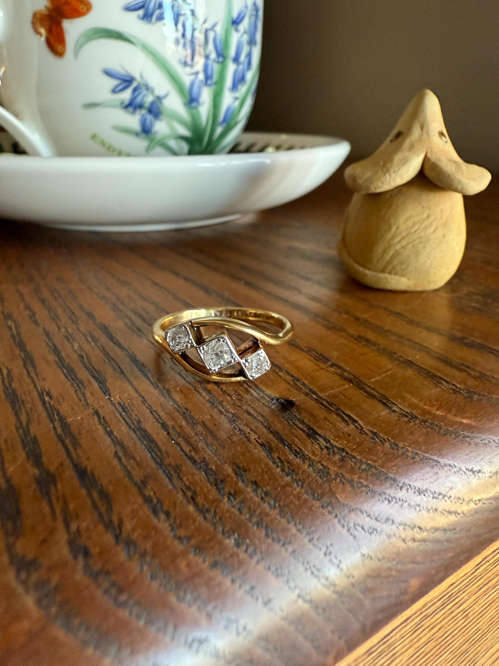 Antique Crossover Band Old Mine Cut Angled Bypass Three Stone Ring 18k Gold Platinum Stacker