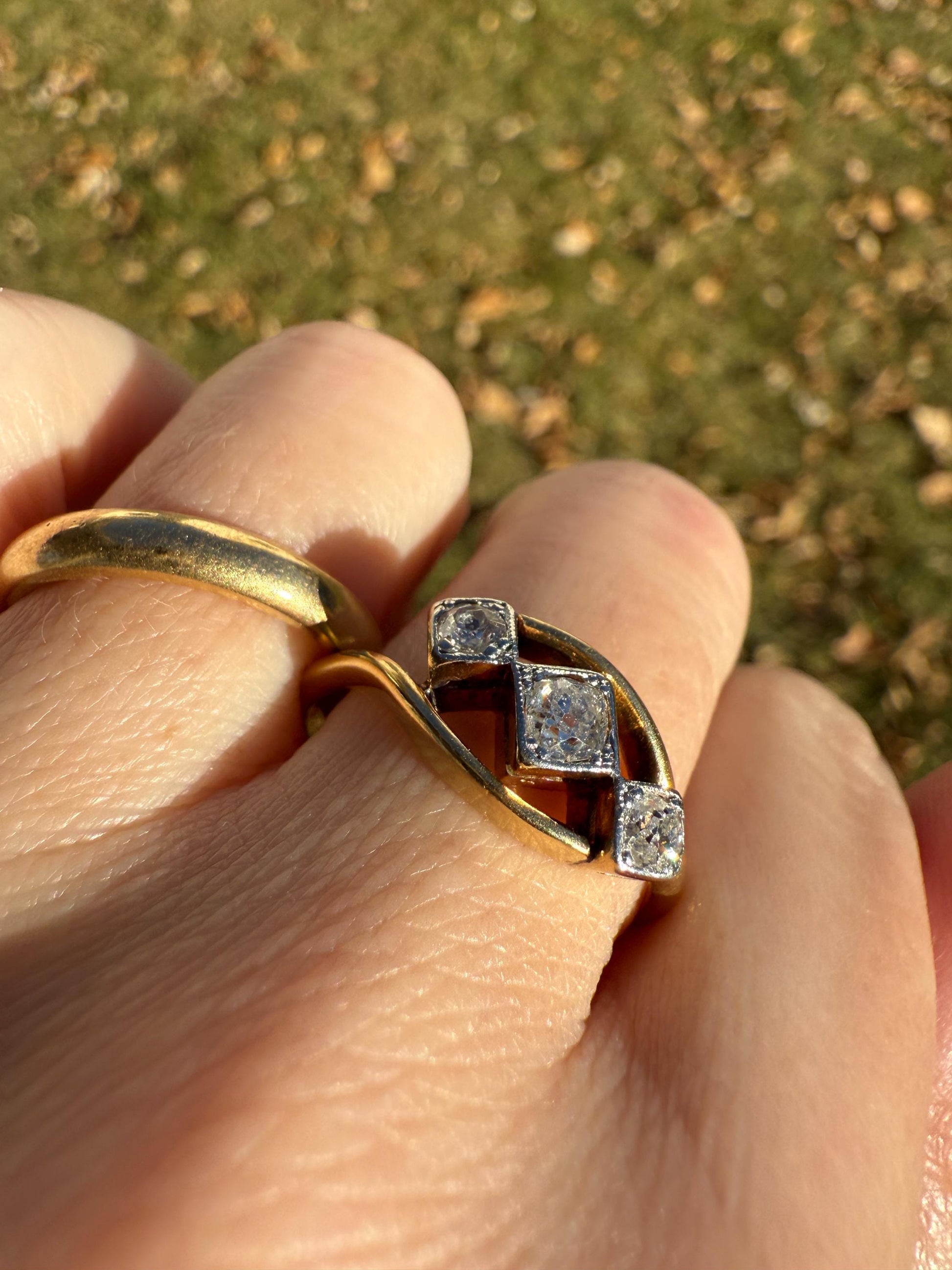 Antique Crossover Band Old Mine Cut Angled Bypass Three Stone Ring 18k Gold Platinum Stacker