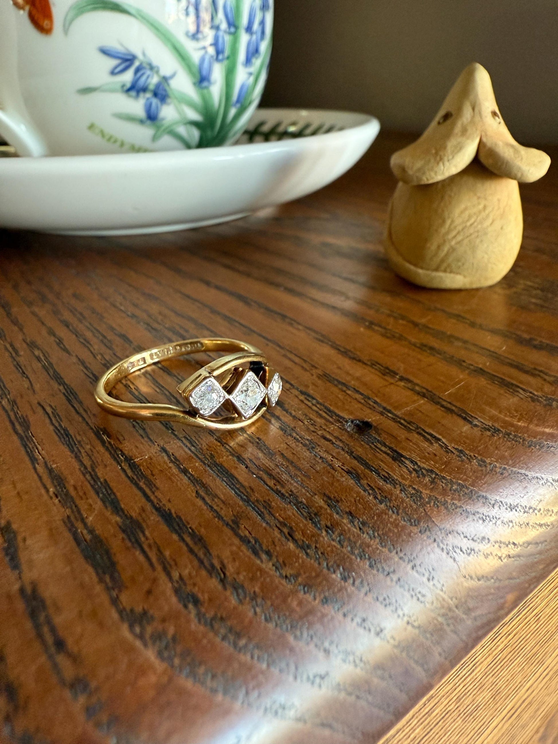 Antique Crossover Band Old Mine Cut Angled Bypass Three Stone Ring 18k Gold Platinum Stacker