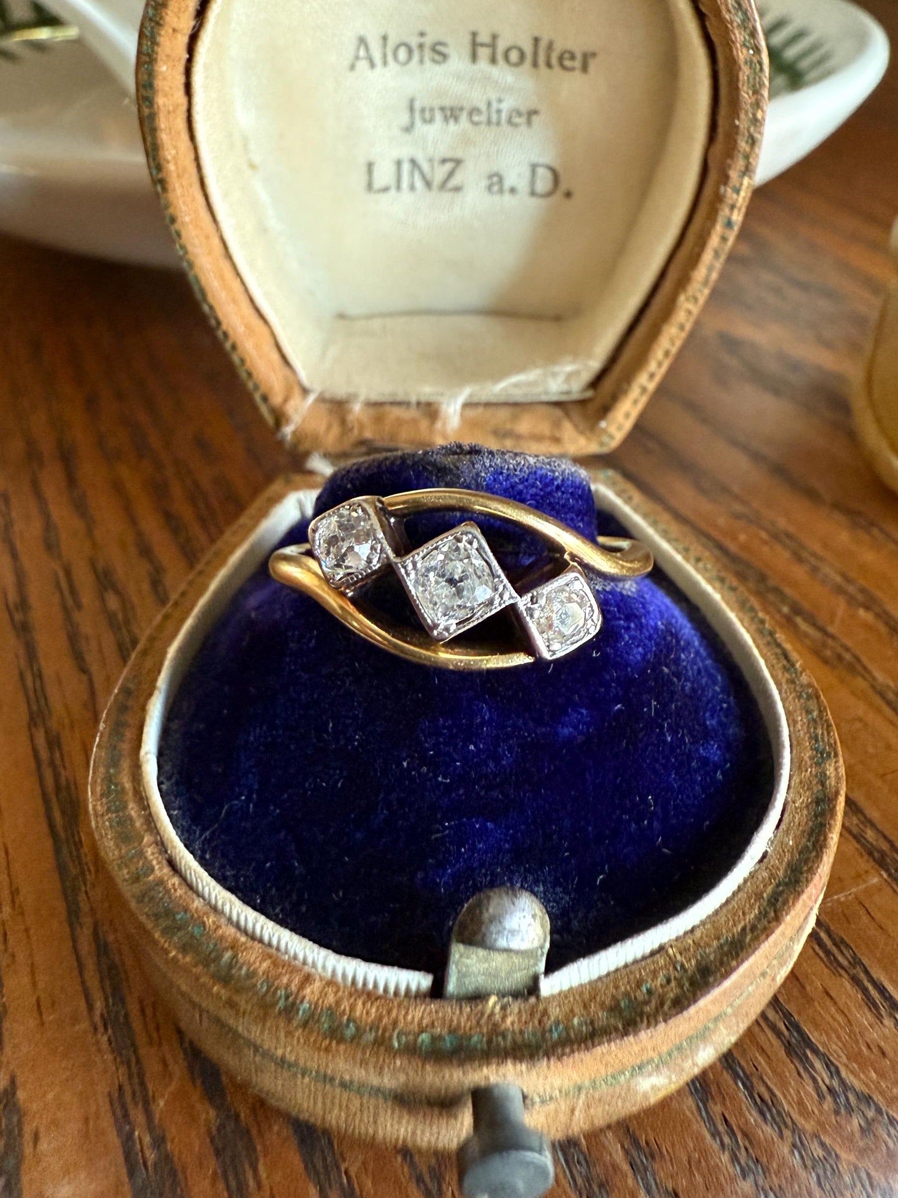 Antique Crossover Band Old Mine Cut Angled Bypass Three Stone Ring 18k Gold Platinum Stacker