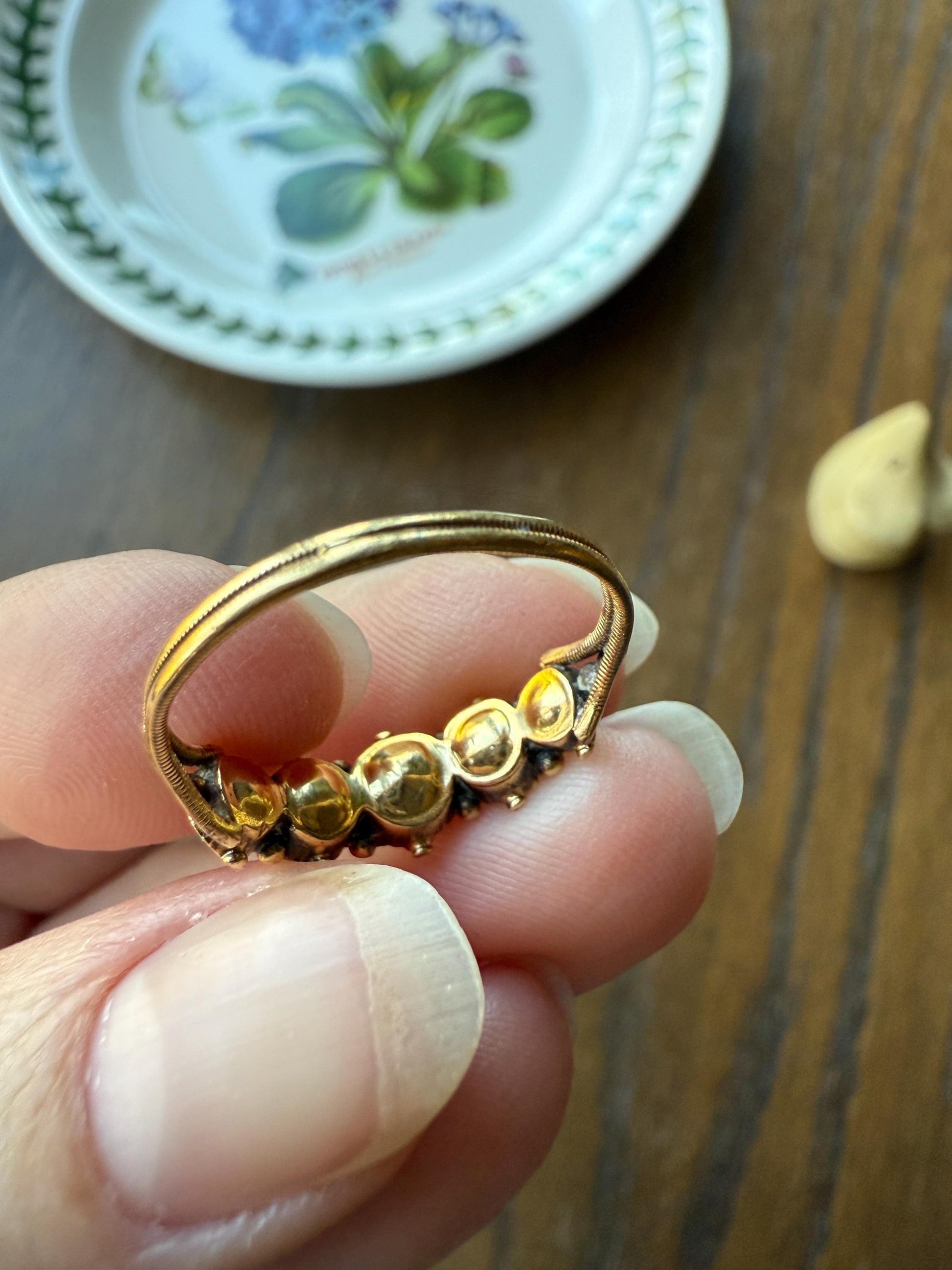 Unique Antique Georgian to Victorian Five Stone Old Cut Green Chrysoberyl & Cabochon Amethyst Stacker Band 18k Gold Ring Foiled Suffragette