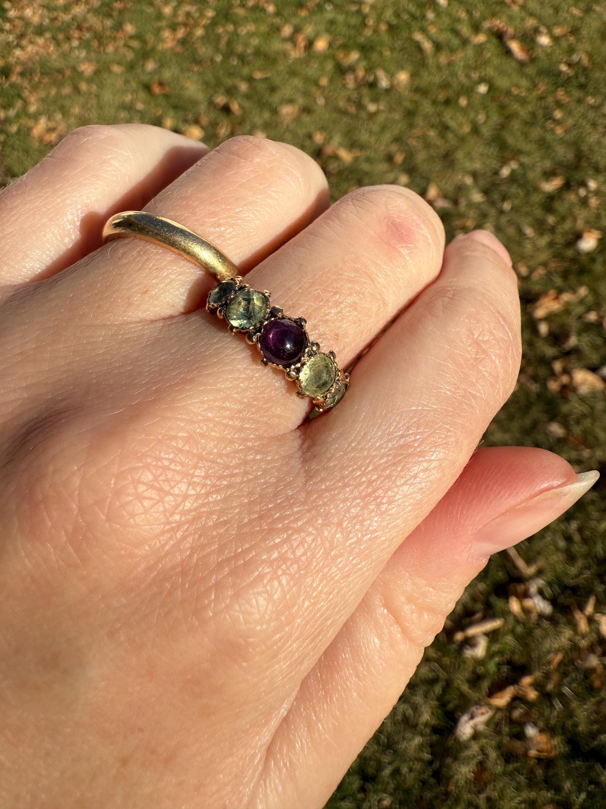 Unique Antique Georgian to Victorian Five Stone Old Cut Green Chrysoberyl & Cabochon Amethyst Stacker Band 18k Gold Ring Foiled Suffragette