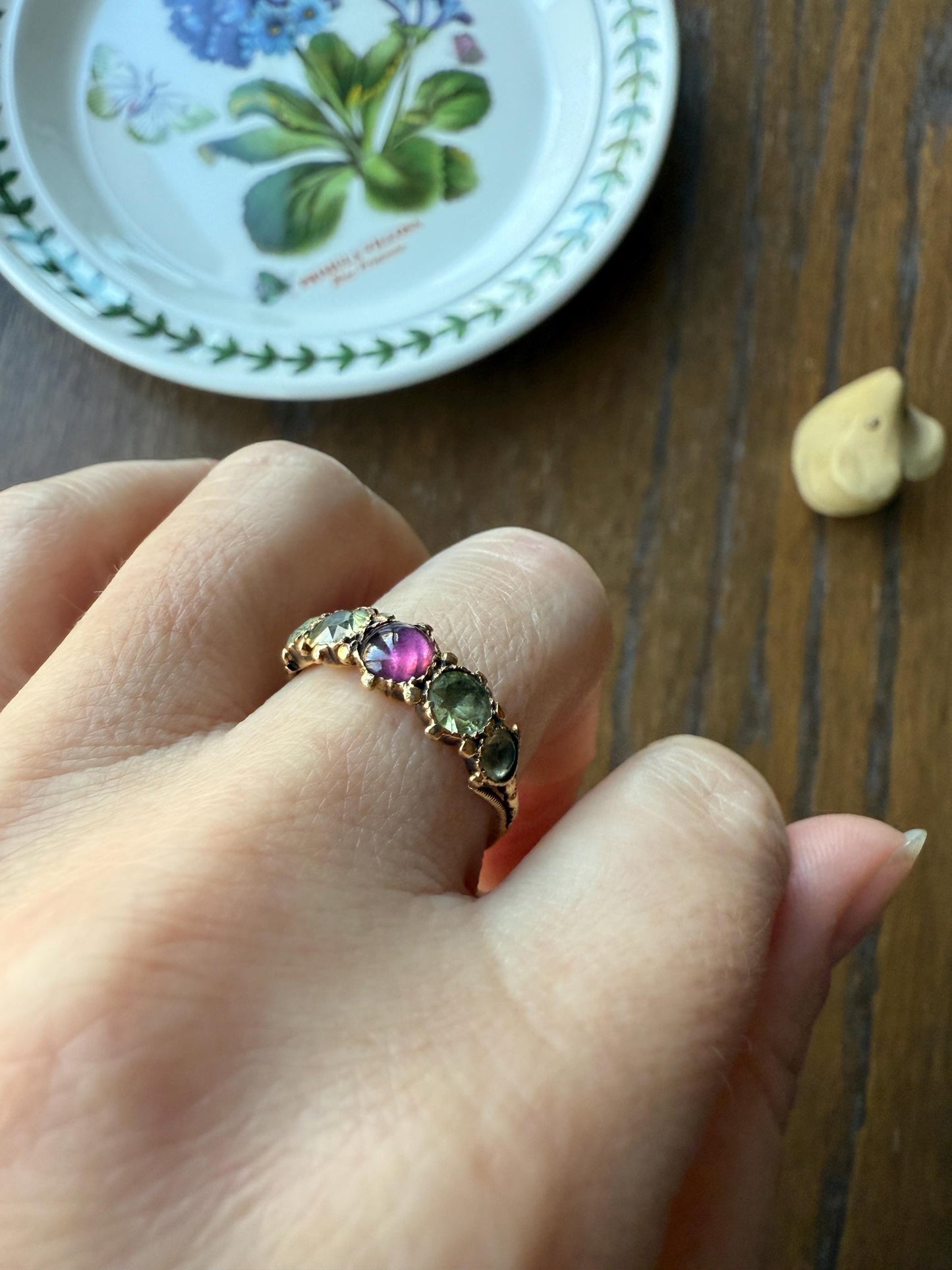 Unique Antique Georgian to Victorian Five Stone Old Cut Green Chrysoberyl & Cabochon Amethyst Stacker Band 18k Gold Ring Foiled Suffragette