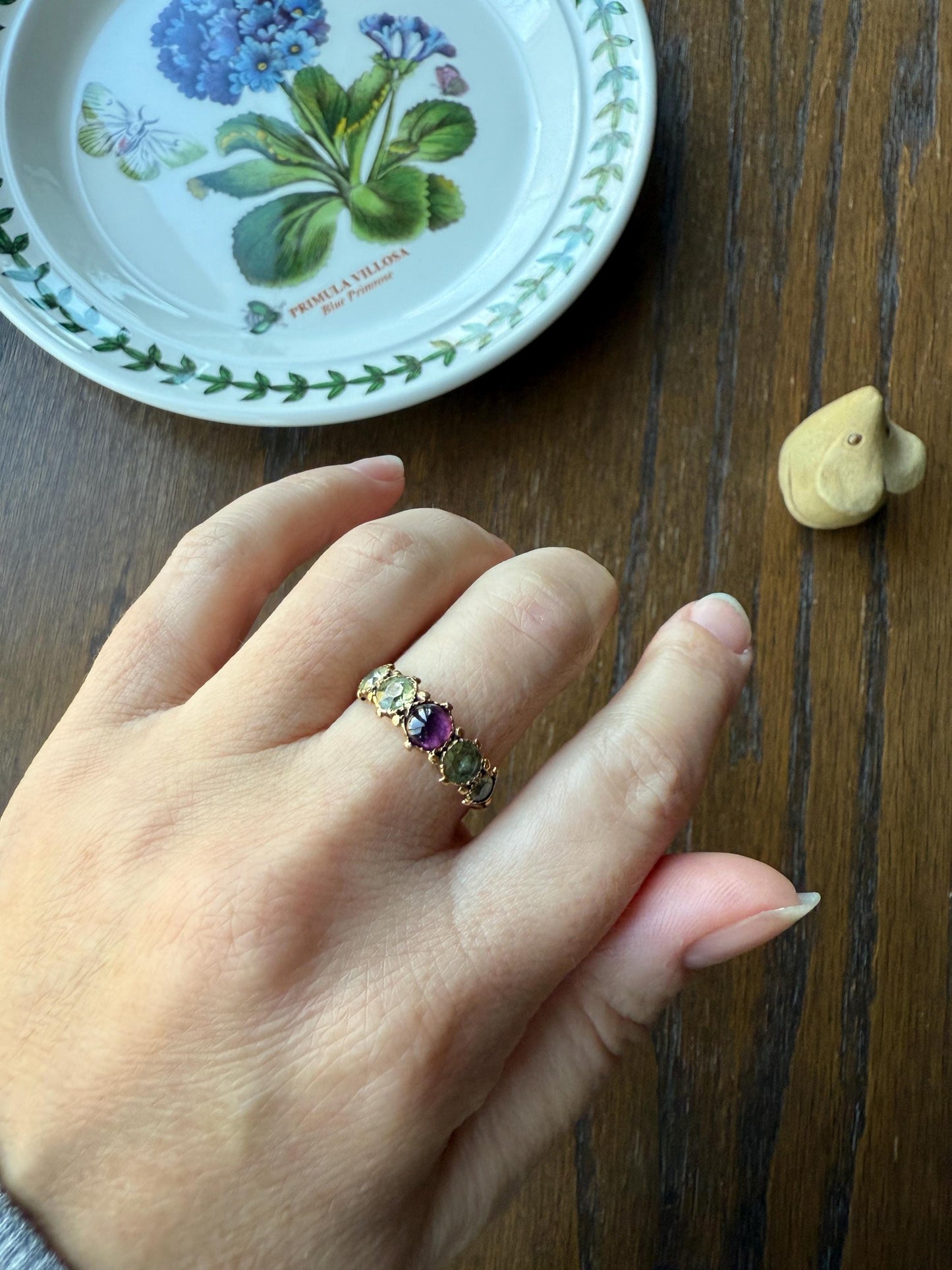 Unique Antique Georgian to Victorian Five Stone Old Cut Green Chrysoberyl & Cabochon Amethyst Stacker Band 18k Gold Ring Foiled Suffragette