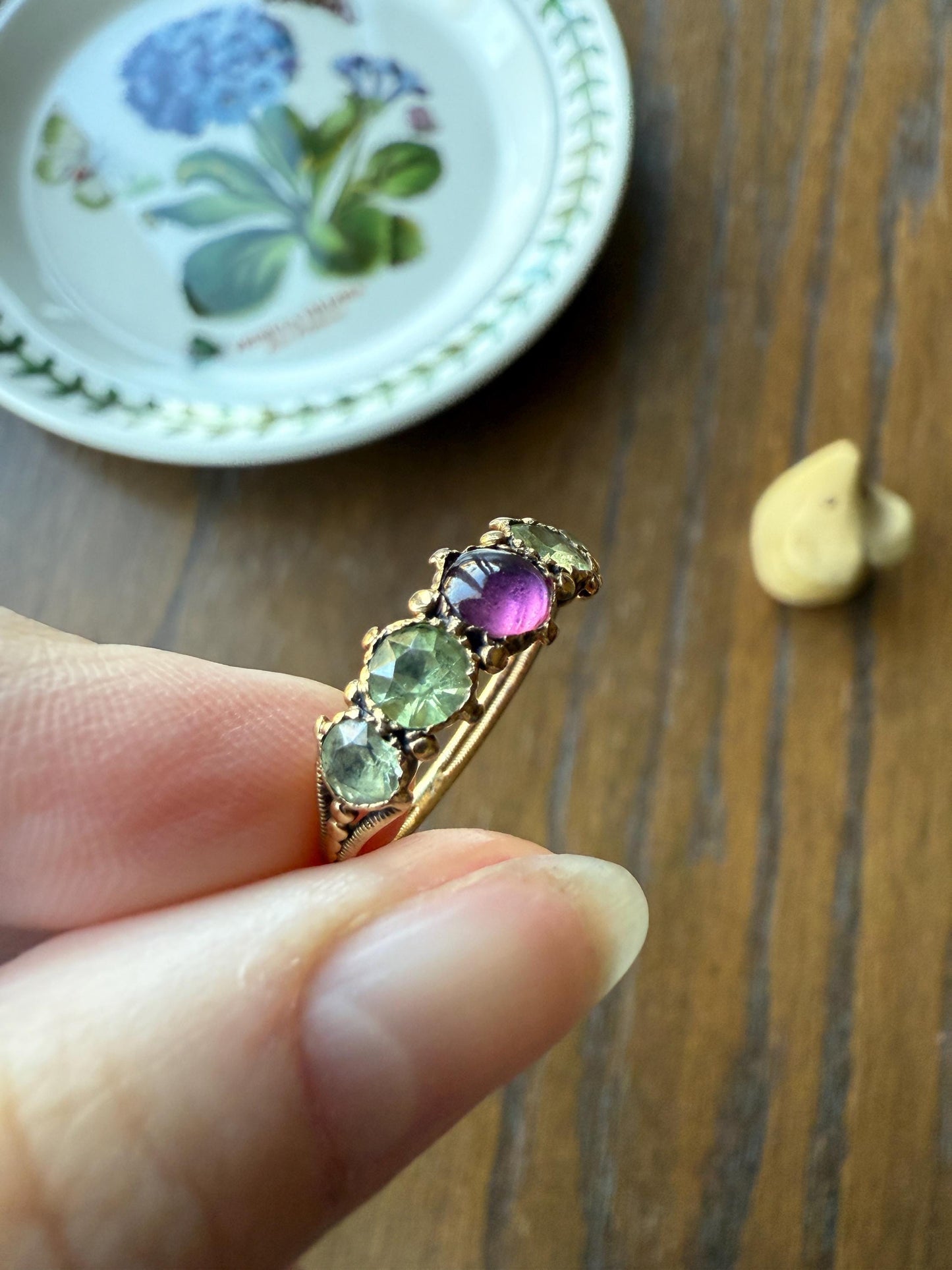Unique Antique Georgian to Victorian Five Stone Old Cut Green Chrysoberyl & Cabochon Amethyst Stacker Band 18k Gold Ring Foiled Suffragette