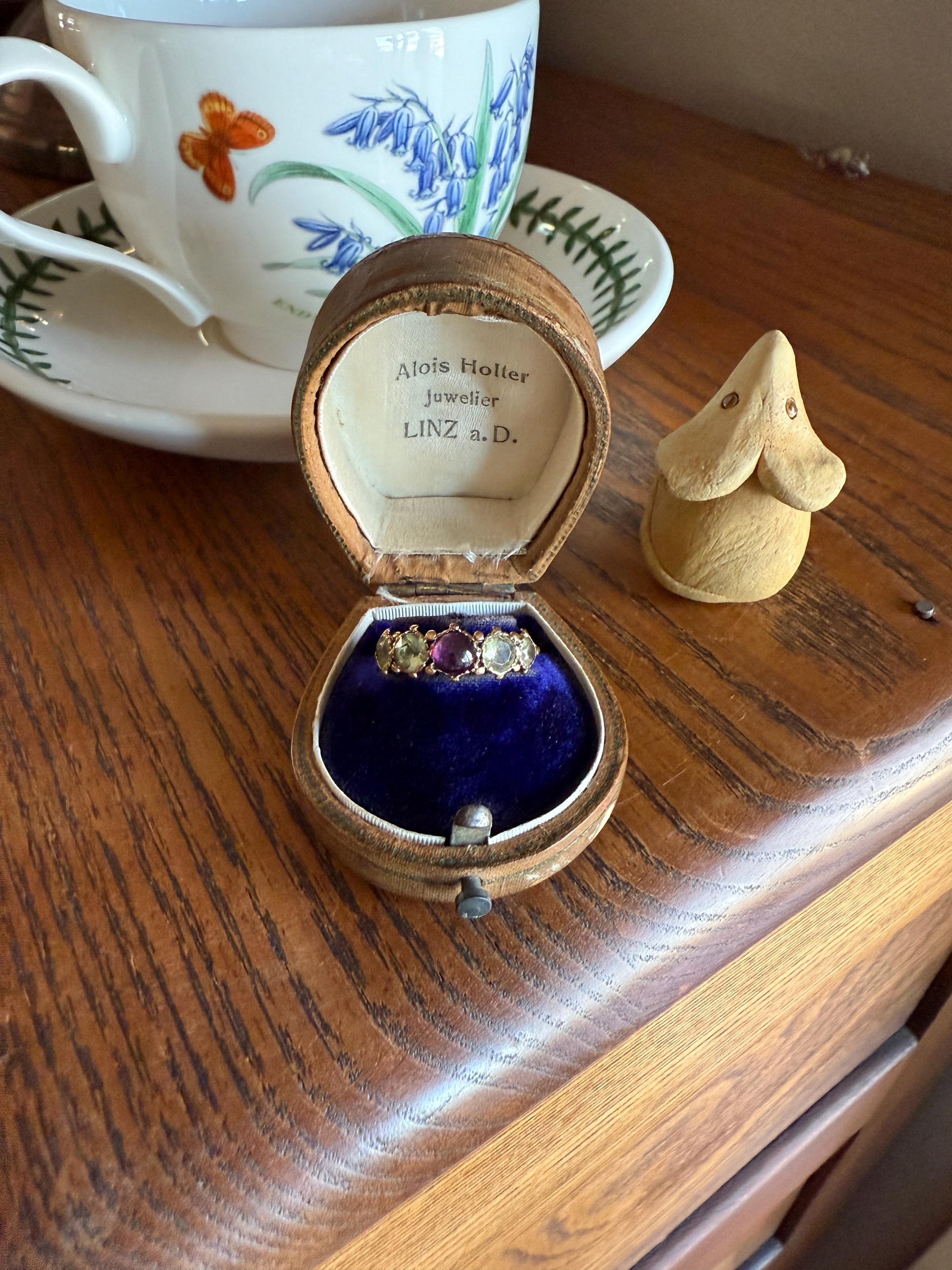 Unique Antique Georgian to Victorian Five Stone Old Cut Green Chrysoberyl & Cabochon Amethyst Stacker Band 18k Gold Ring Foiled Suffragette