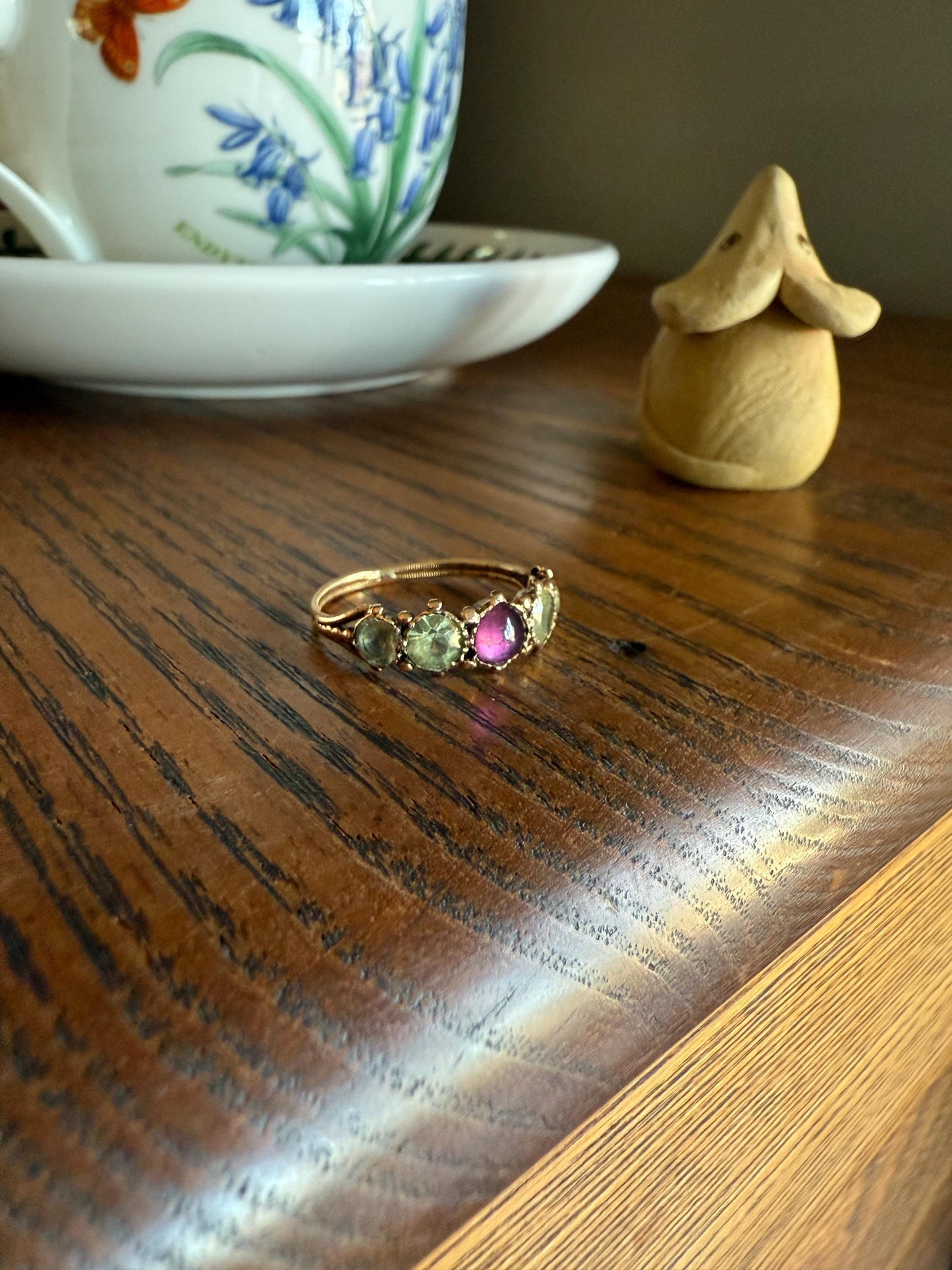 Unique Antique Georgian to Victorian Five Stone Old Cut Green Chrysoberyl & Cabochon Amethyst Stacker Band 18k Gold Ring Foiled Suffragette