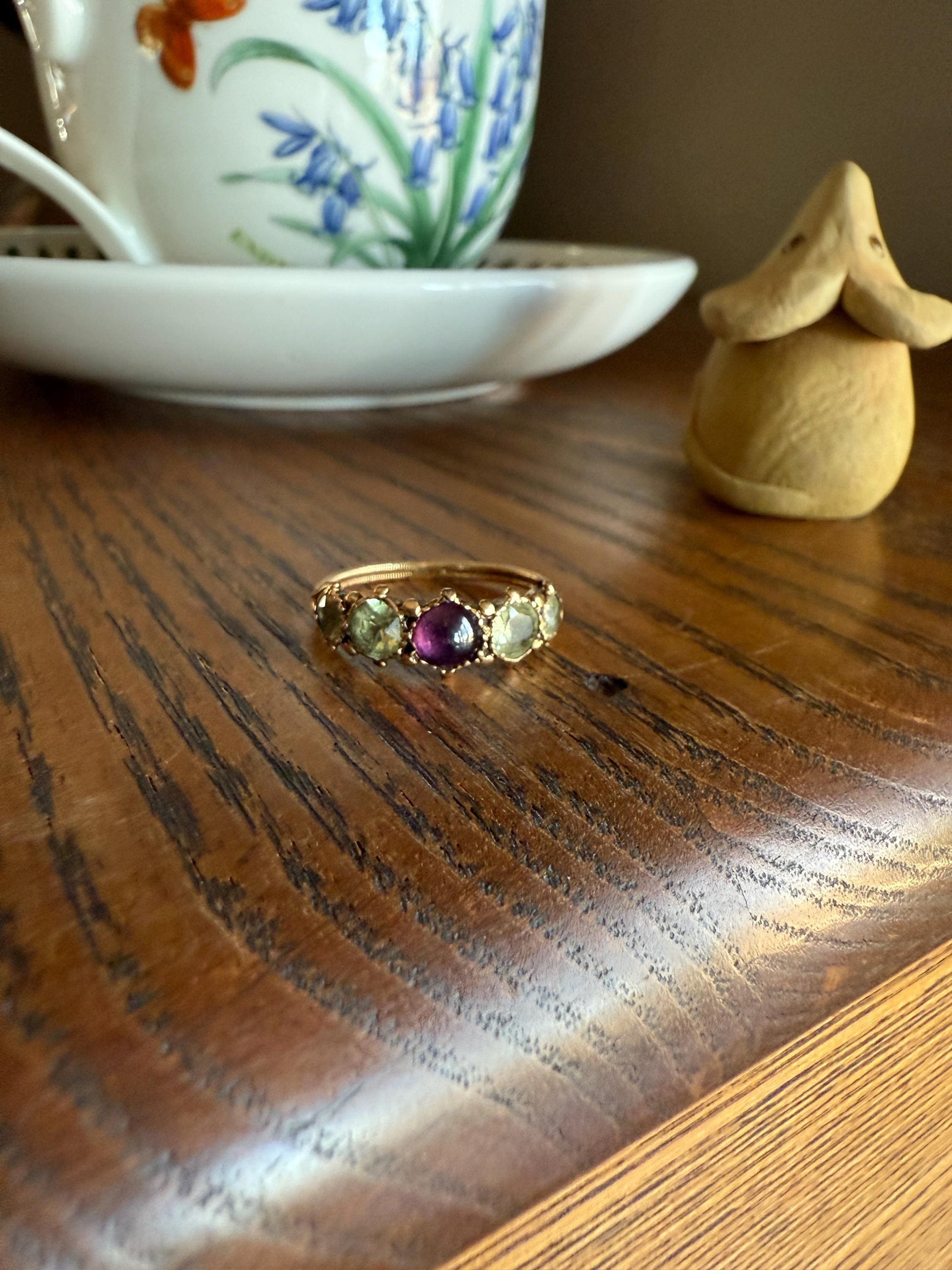 Unique Antique Georgian to Victorian Five Stone Old Cut Green Chrysoberyl & Cabochon Amethyst Stacker Band 18k Gold Ring Foiled Suffragette