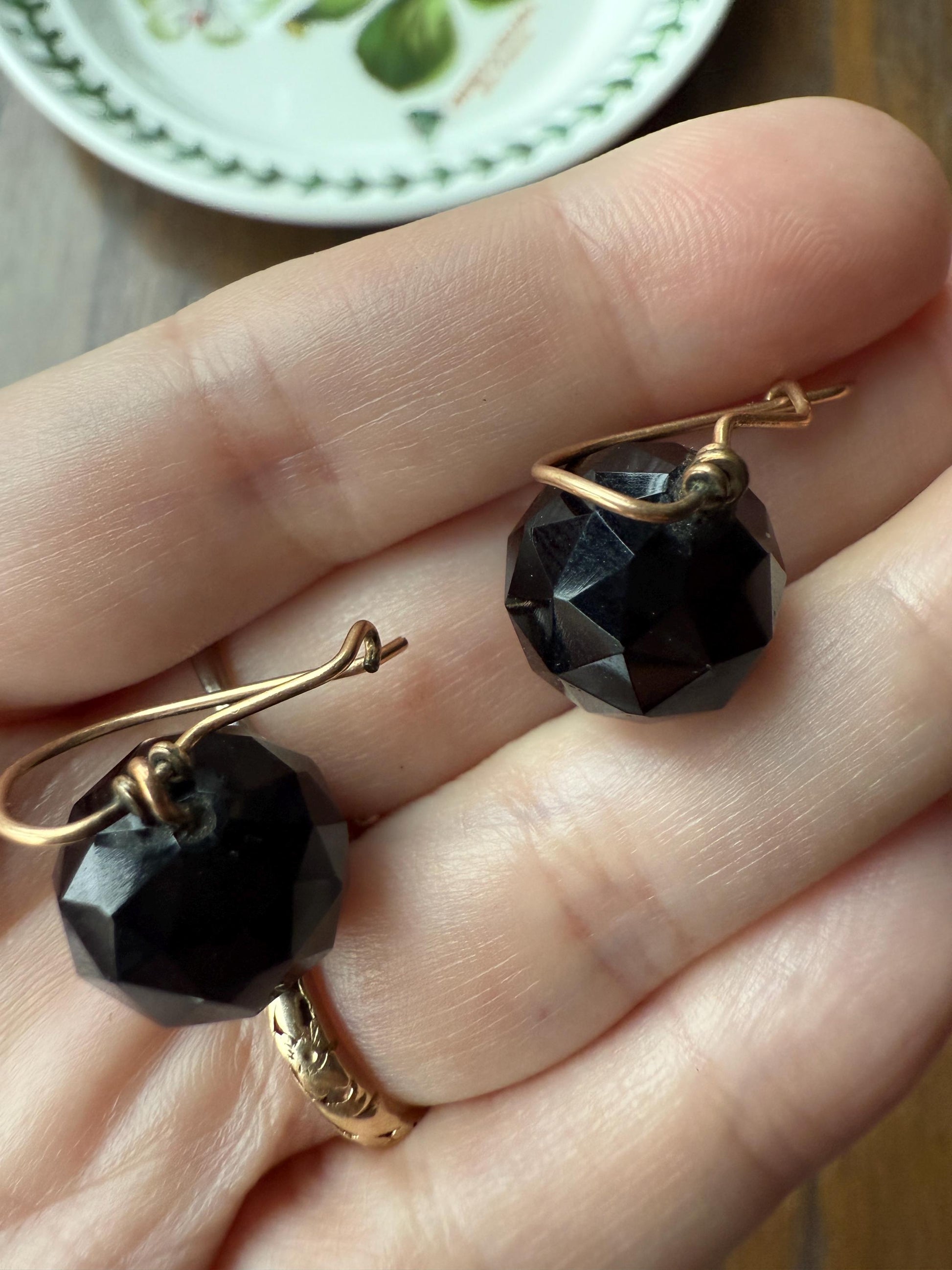 Black Onyx or Jet ? DISCO Ball 3D Sphere Victorian Antique Earrings Gold Fill Dangle Bold Holiday Statement Danglers