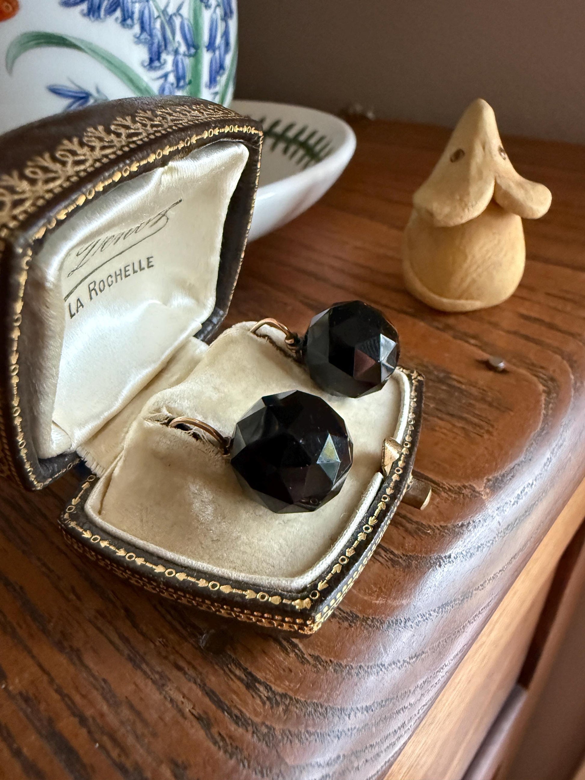 Black Onyx or Jet ? DISCO Ball 3D Sphere Victorian Antique Earrings Gold Fill Dangle Bold Holiday Statement Danglers