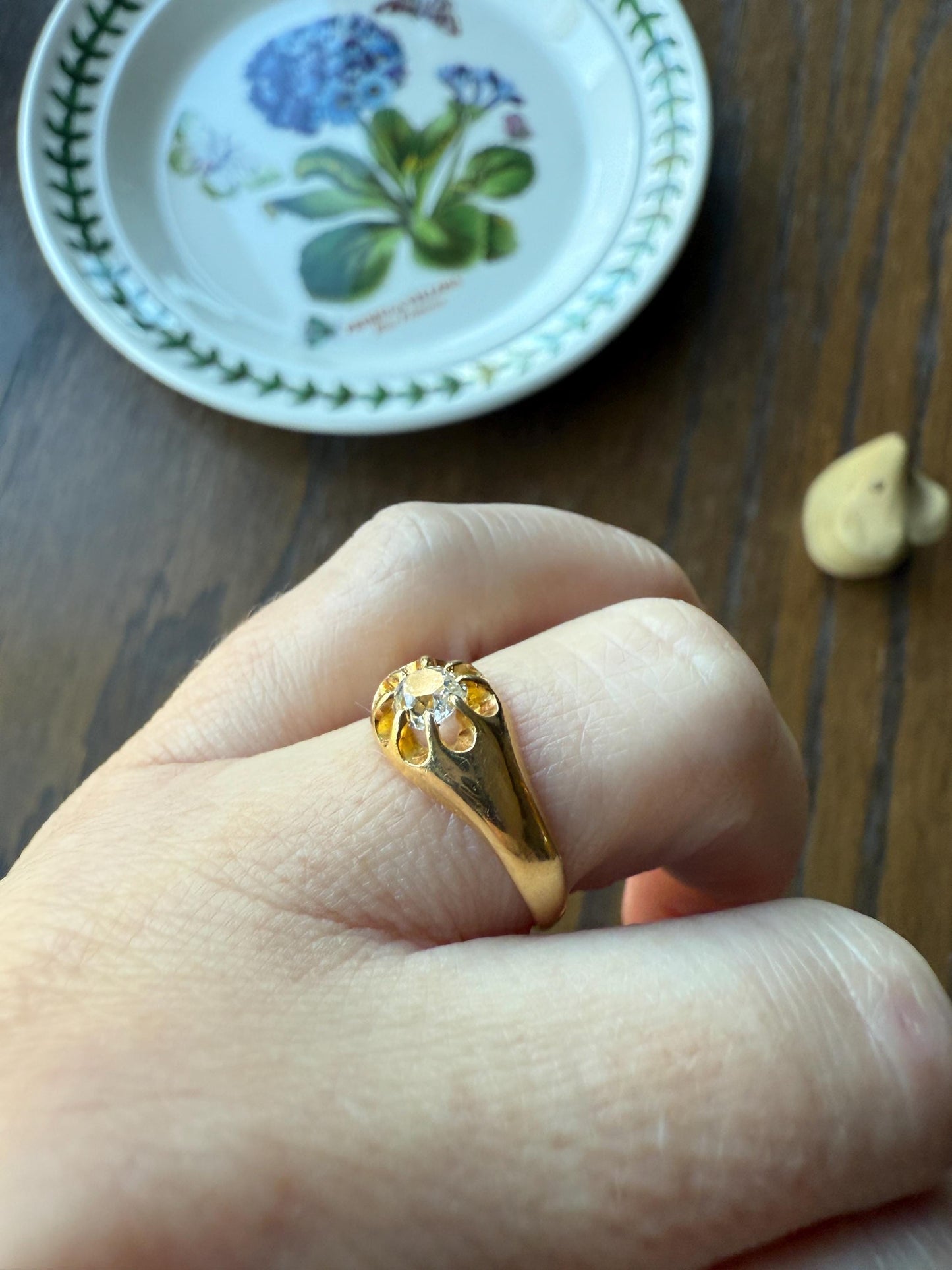 Chunky Antique .4 Carat Eye Clean Old Mine Cut Diamond Buttercup Gypsy Band Victorian 18k Gold Ring Wide Stacker Gift Belcher Unisex OMC Man