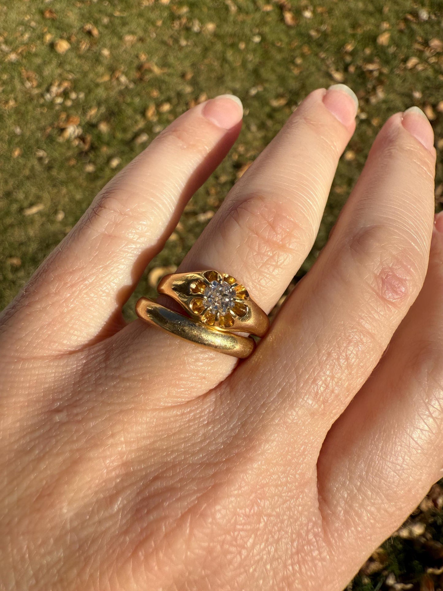 Chunky Antique .4 Carat Eye Clean Old Mine Cut Diamond Buttercup Gypsy Band Victorian 18k Gold Ring Wide Stacker Gift Belcher Unisex OMC Man
