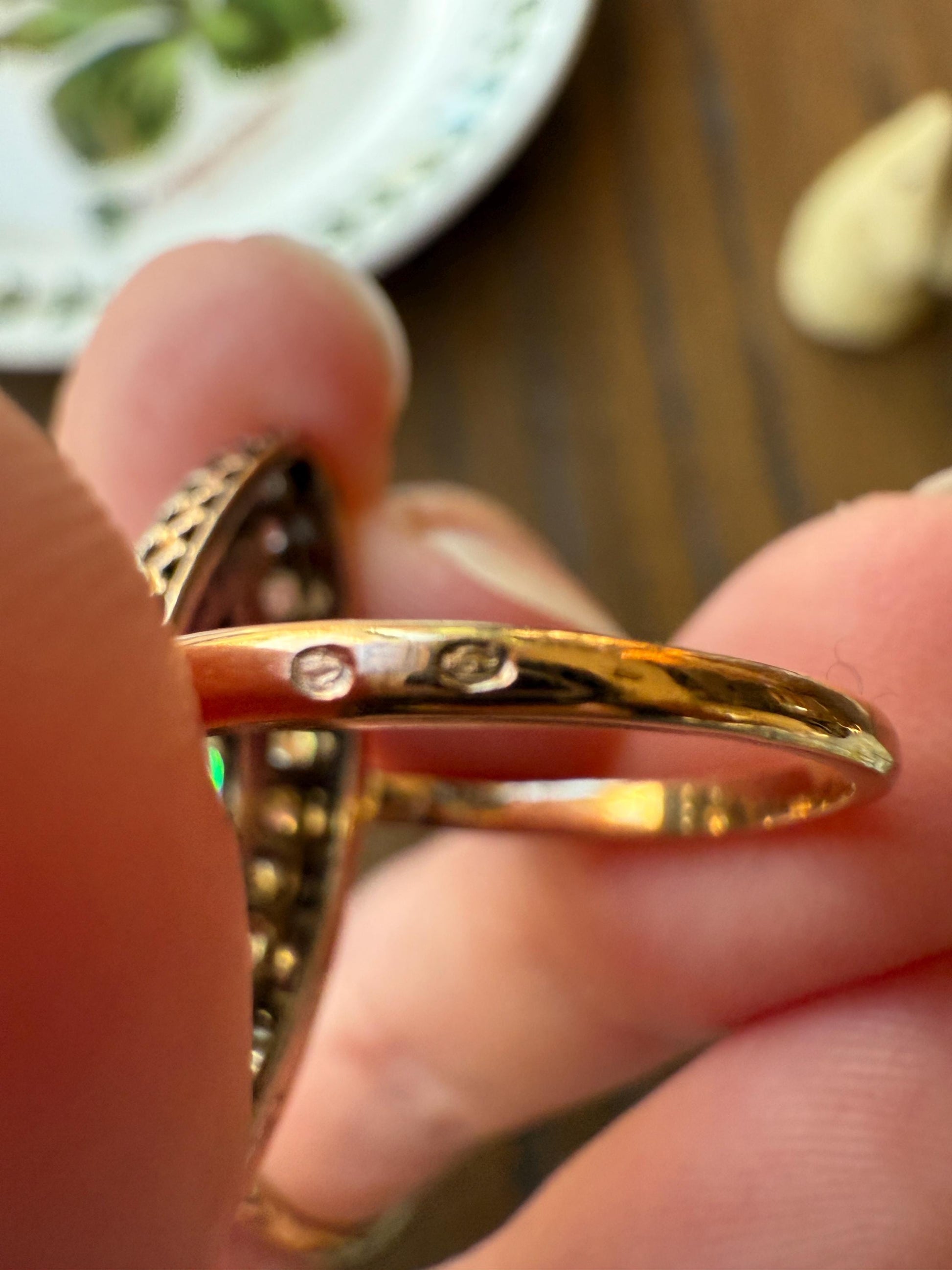 Antique 1.5 Carat Mixed Rose Old Mine Cut DIAMOND Navette Ring Champagne Light Brown Green Yellow Chunky Cluster 18k Gold Silver Cobblestone