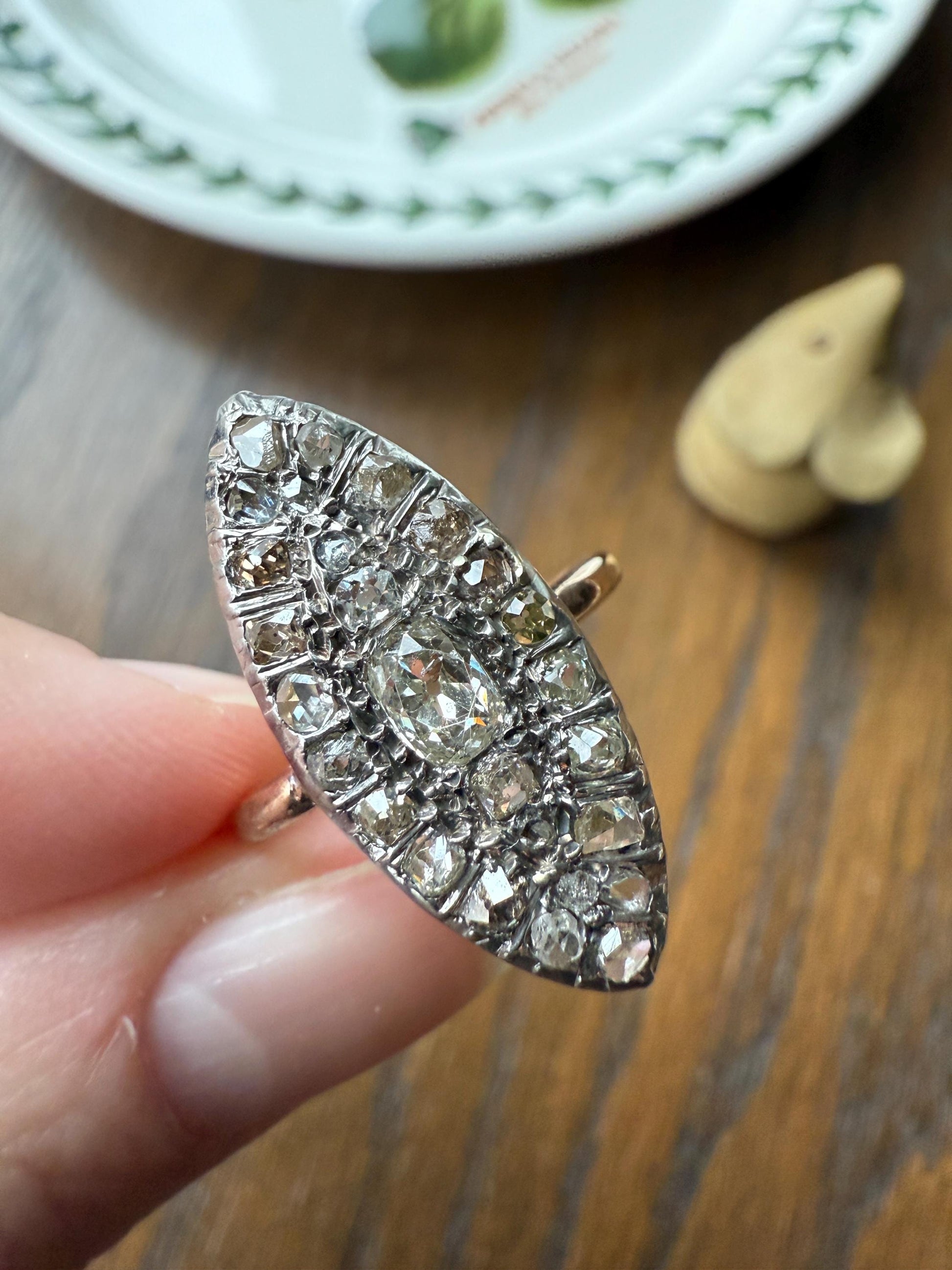 Antique 1.5 Carat Mixed Rose Old Mine Cut DIAMOND Navette Ring Champagne Light Brown Green Yellow Chunky Cluster 18k Gold Silver Cobblestone