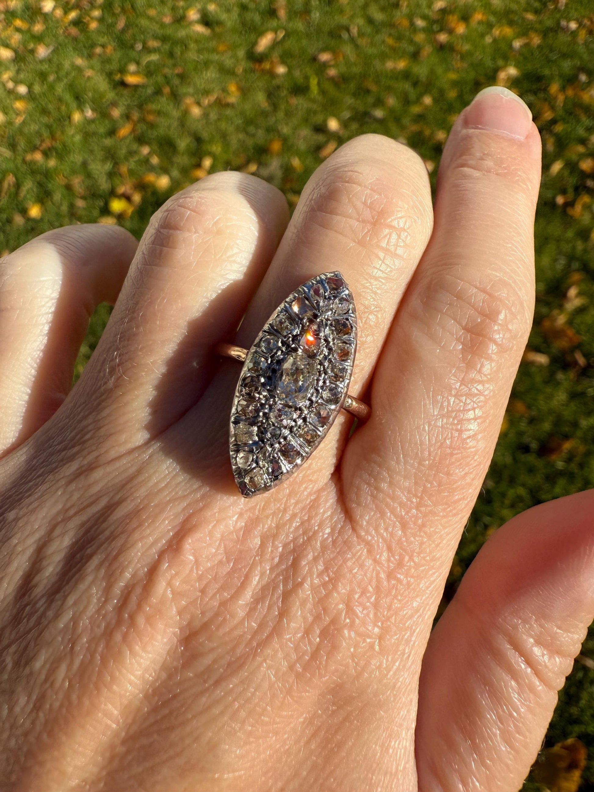 Antique 1.5 Carat Mixed Rose Old Mine Cut DIAMOND Navette Ring Champagne Light Brown Green Yellow Chunky Cluster 18k Gold Silver Cobblestone