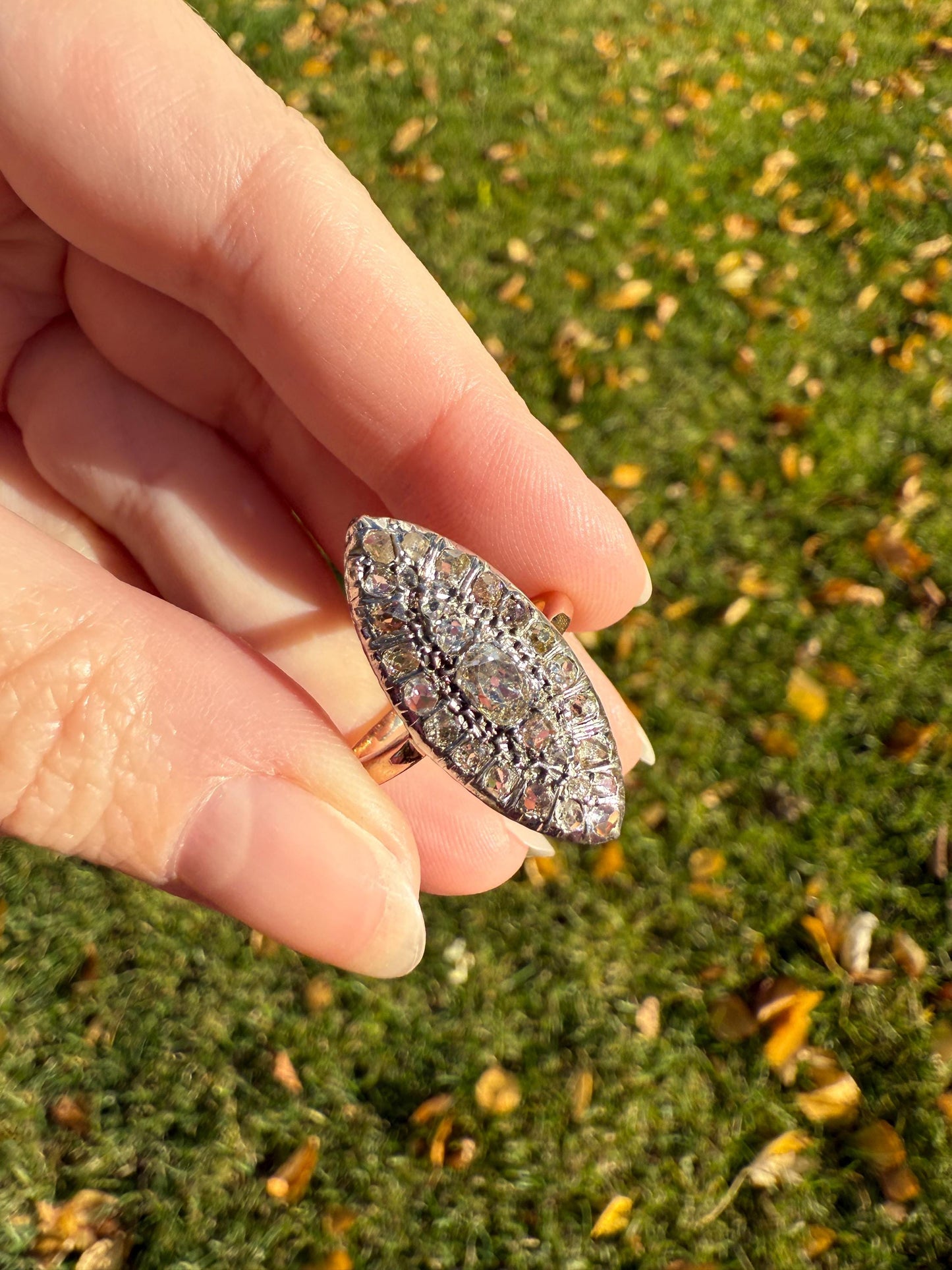 Antique 1.5 Carat Mixed Rose Old Mine Cut DIAMOND Navette Ring Champagne Light Brown Green Yellow Chunky Cluster 18k Gold Silver Cobblestone