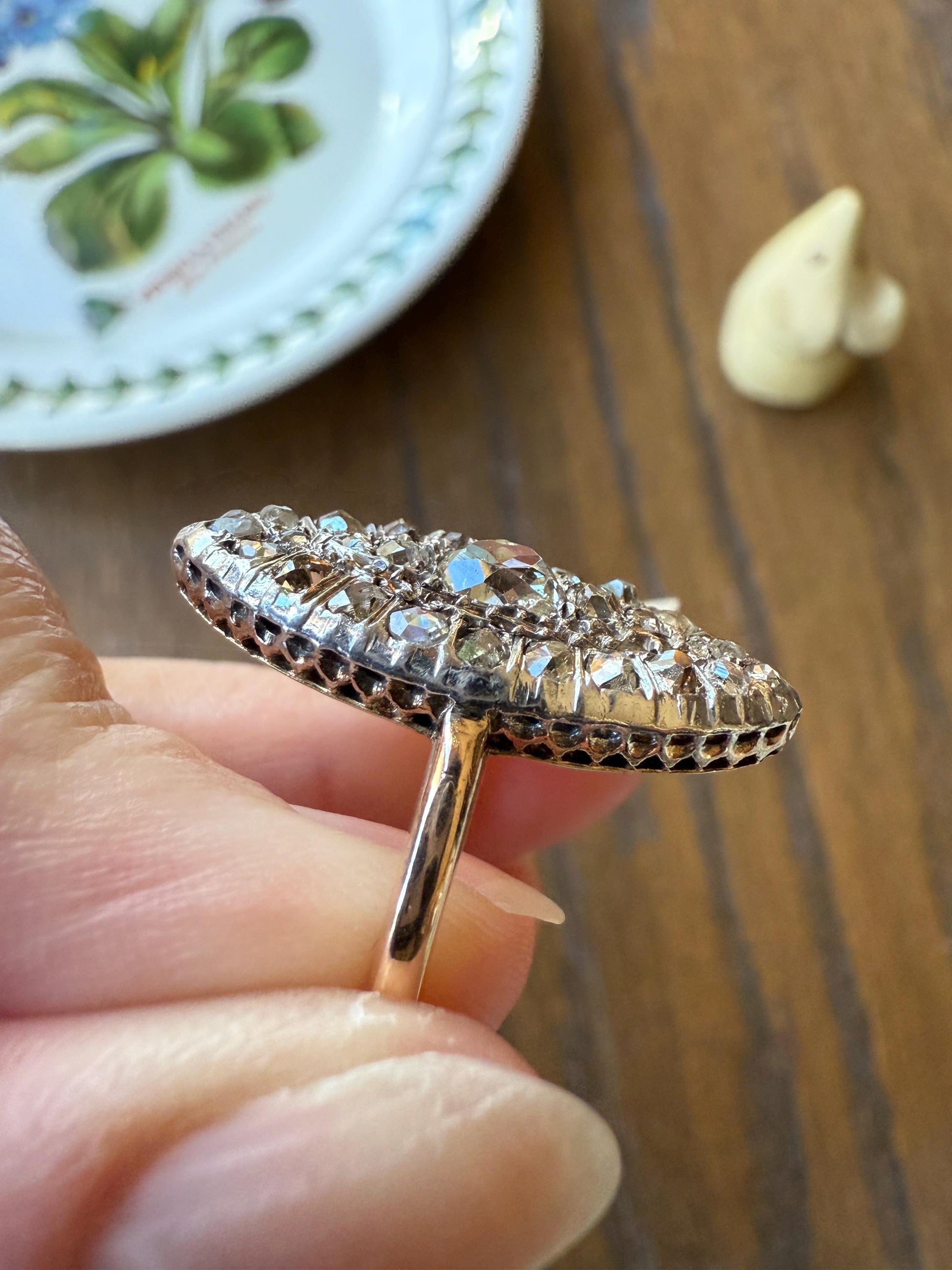 Antique 1.5 Carat Mixed Rose Old Mine Cut DIAMOND Navette Ring Champagne Light Brown Green Yellow Chunky Cluster 18k Gold Silver Cobblestone