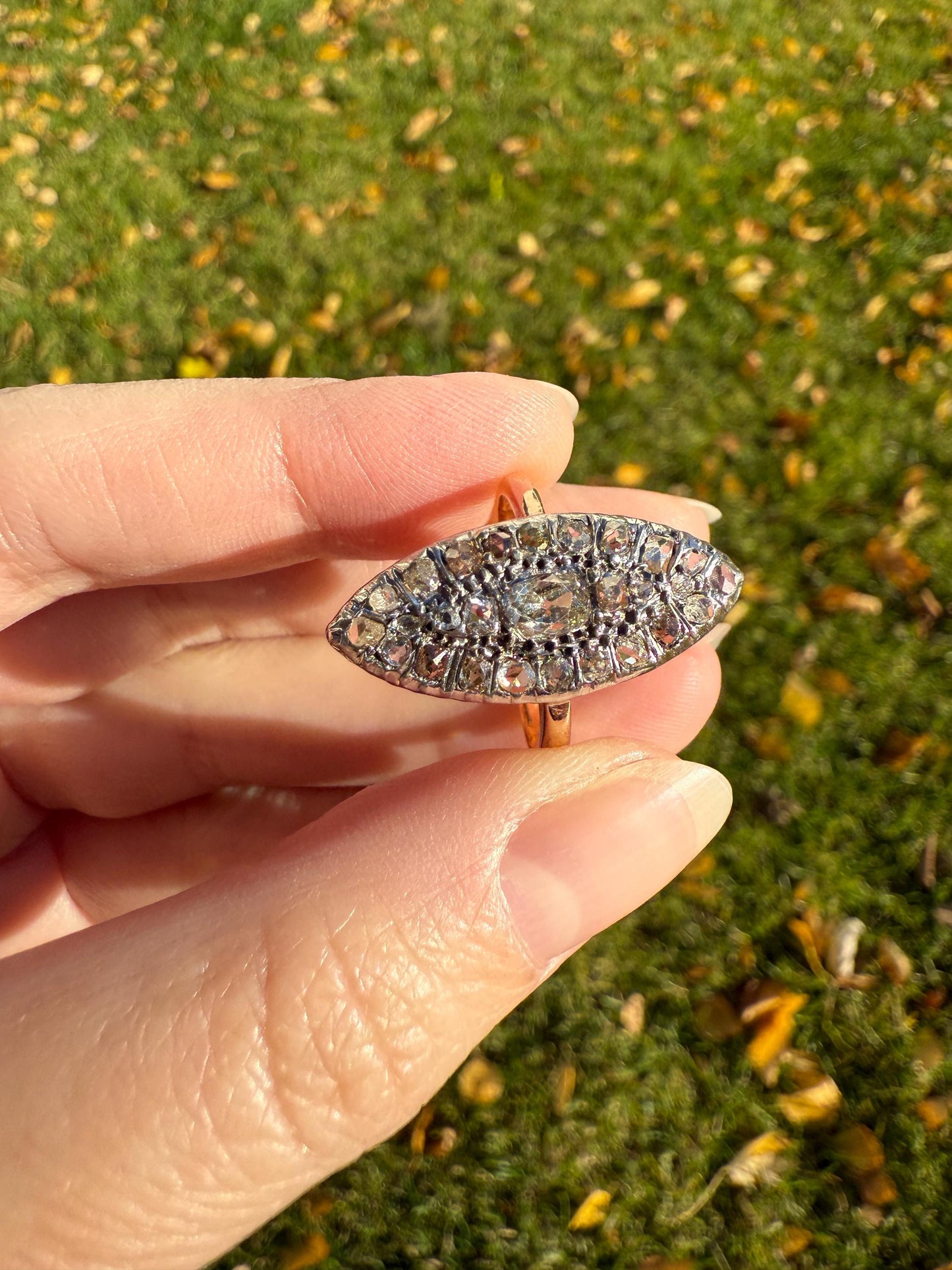 Antique 1.5 Carat Mixed Rose Old Mine Cut DIAMOND Navette Ring Champagne Light Brown Green Yellow Chunky Cluster 18k Gold Silver Cobblestone