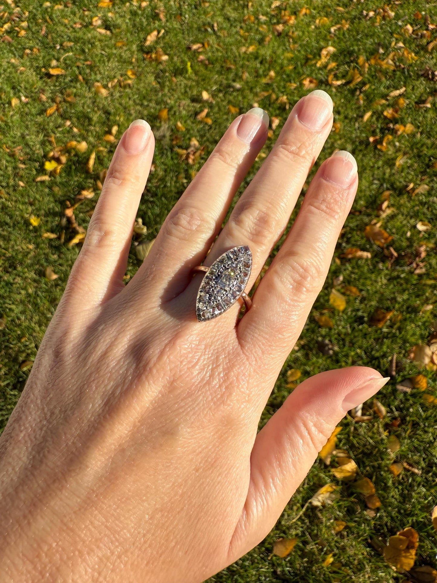 Antique 1.5 Carat Mixed Rose Old Mine Cut DIAMOND Navette Ring Champagne Light Brown Green Yellow Chunky Cluster 18k Gold Silver Cobblestone