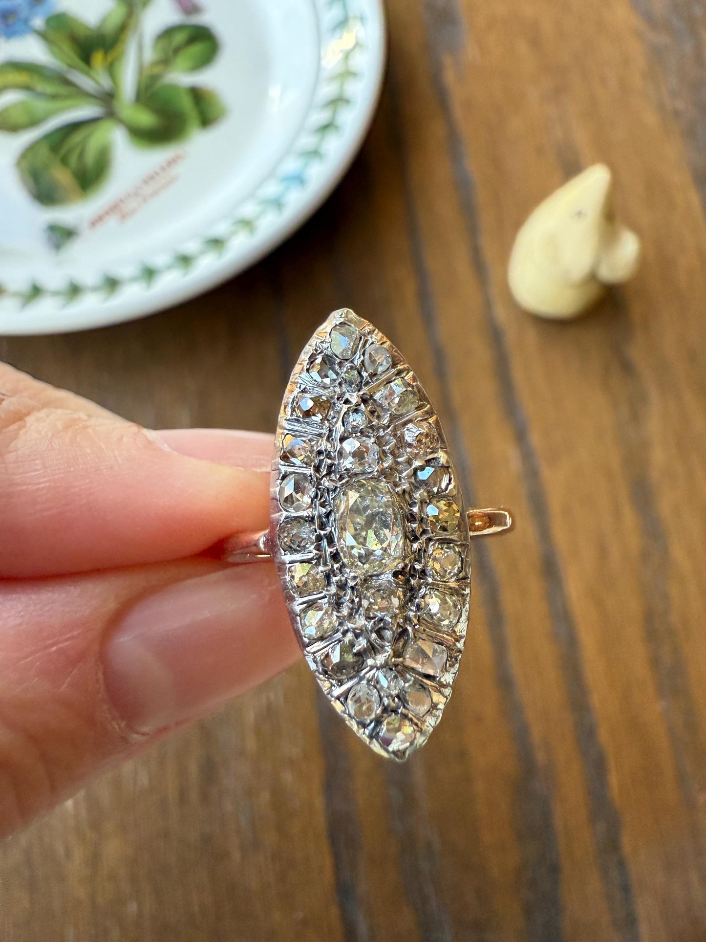Antique 1.5 Carat Mixed Rose Old Mine Cut DIAMOND Navette Ring Champagne Light Brown Green Yellow Chunky Cluster 18k Gold Silver Cobblestone