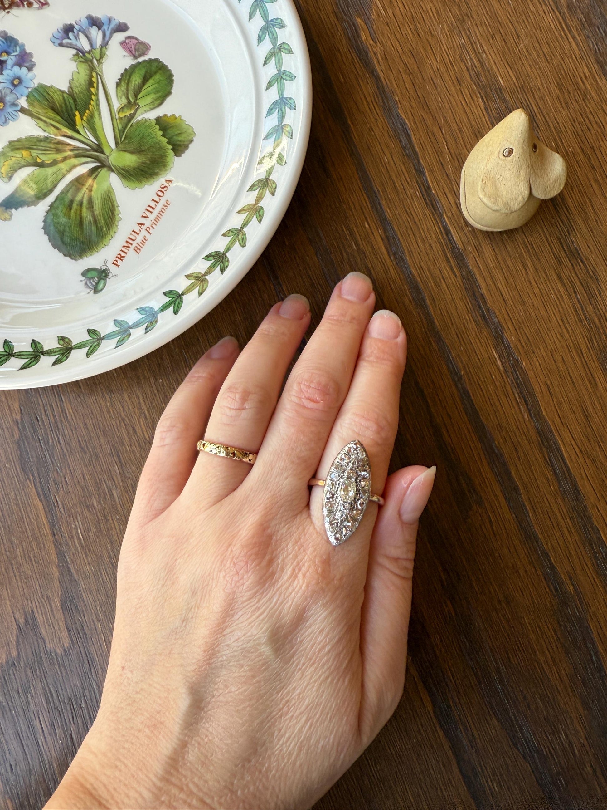 Antique 1.5 Carat Mixed Rose Old Mine Cut DIAMOND Navette Ring Champagne Light Brown Green Yellow Chunky Cluster 18k Gold Silver Cobblestone