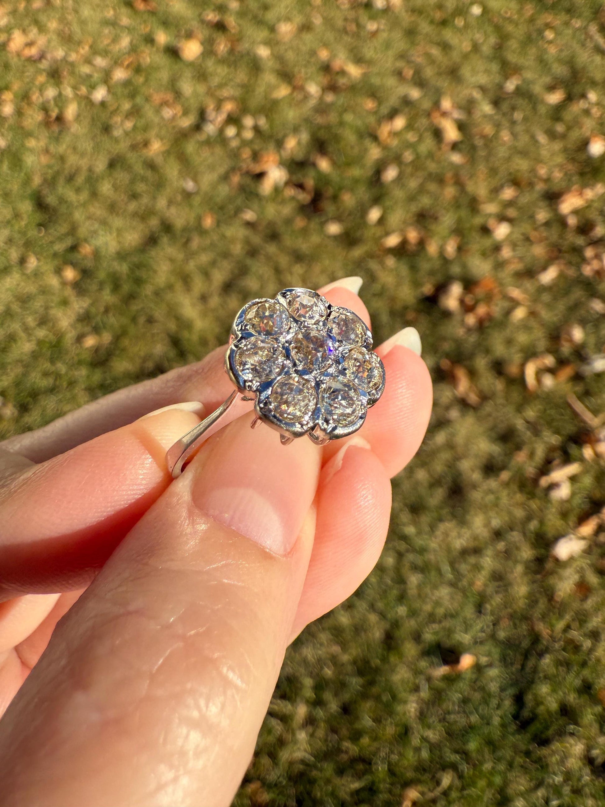 Warm Antique 1 3/4 Carat Old Mine Cut DIAMOND Daisy Flower Cluster 18k White Gold French Art Deco Tall Domed Basket Setting Stacker 1.75Ctw