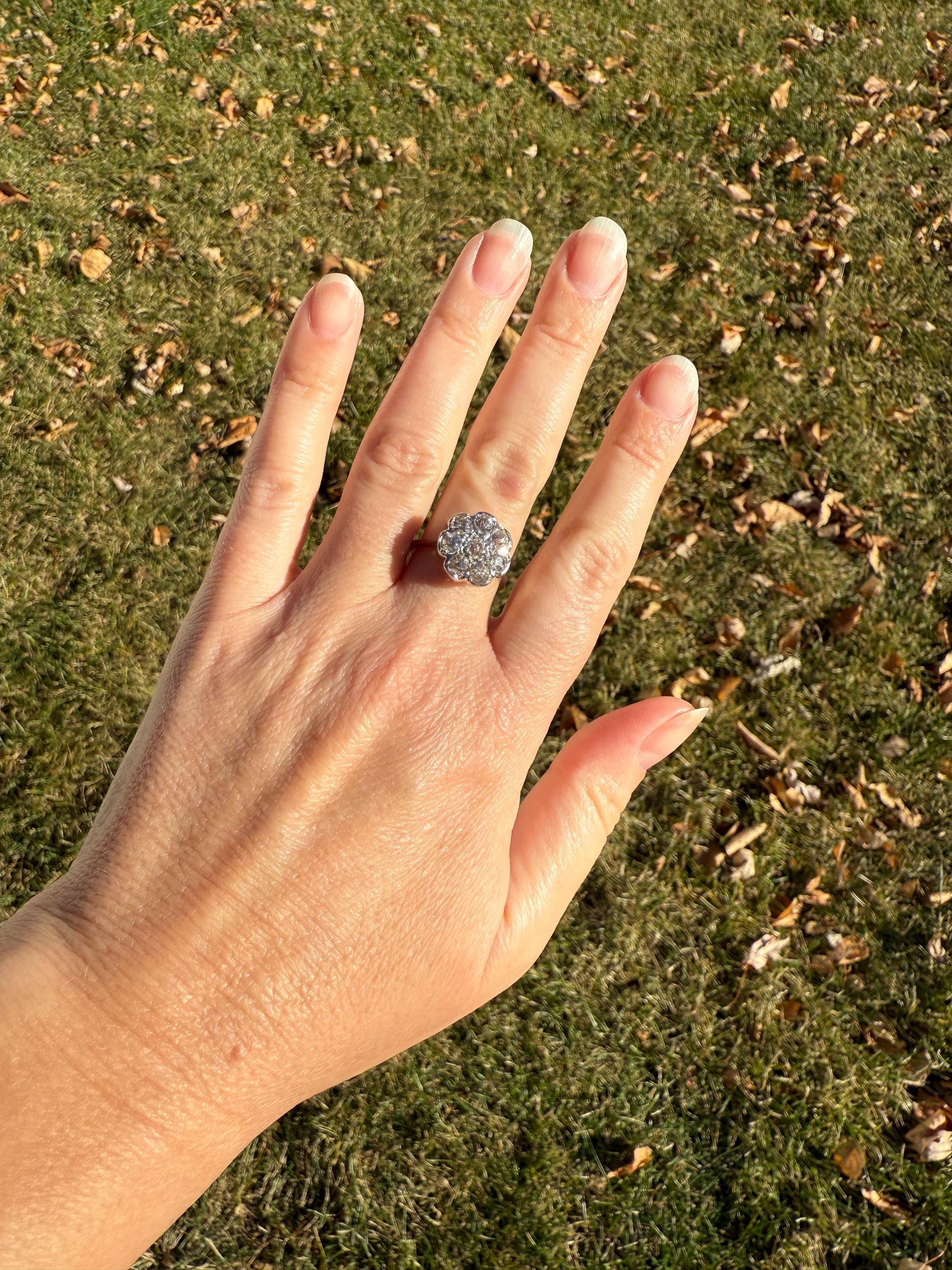 Warm Antique 1 3/4 Carat Old Mine Cut DIAMOND Daisy Flower Cluster 18k White Gold French Art Deco Tall Domed Basket Setting Stacker 1.75Ctw