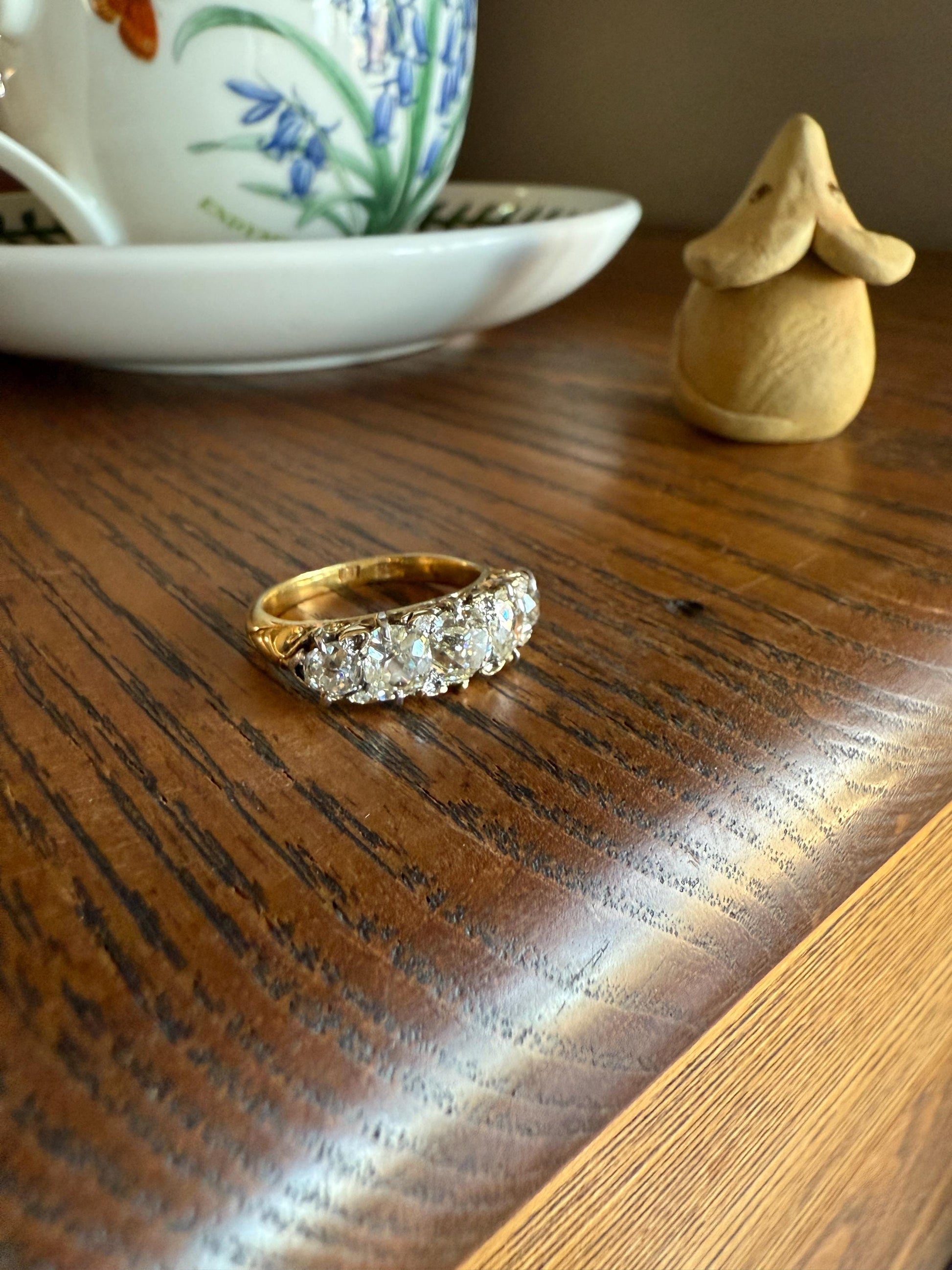 Victorian 2.75 Carats Antique Old Mine Cut Diamond Five Stone Ring Gemset Prong Spacers 18k Gold Rare Chunky Ornate Band